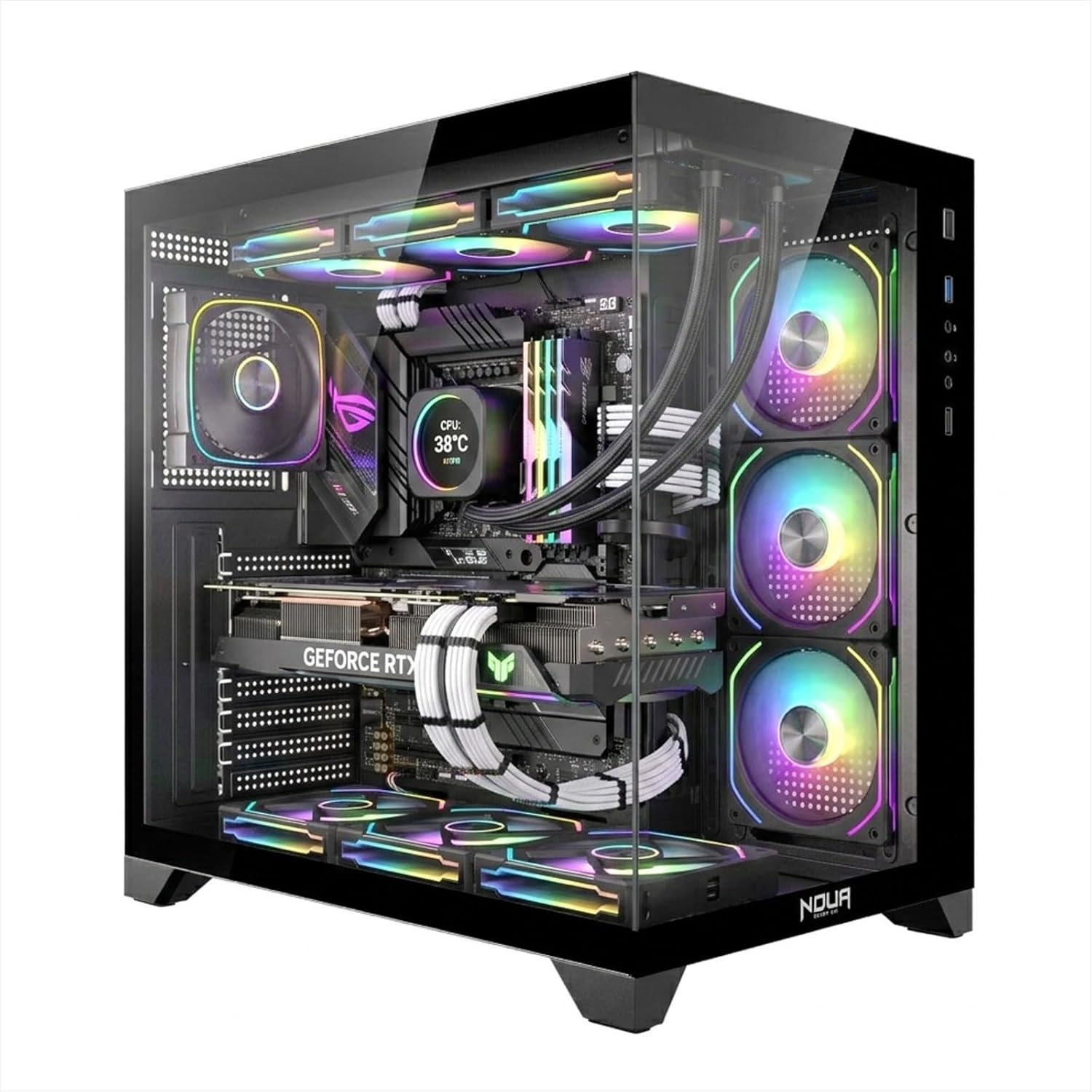 Un PC potente con ventole RGB, raffreddamento a liquido e scheda grafica RTX.