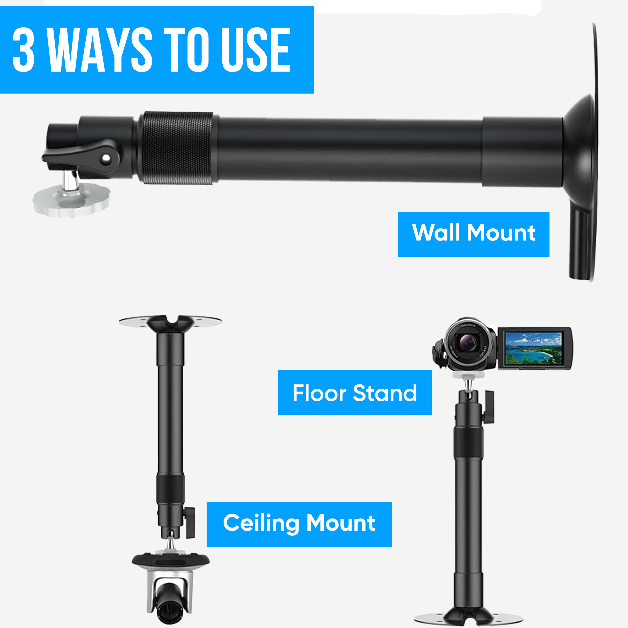Three mounts: wall, ceiling, and floor stand, one with a camera.