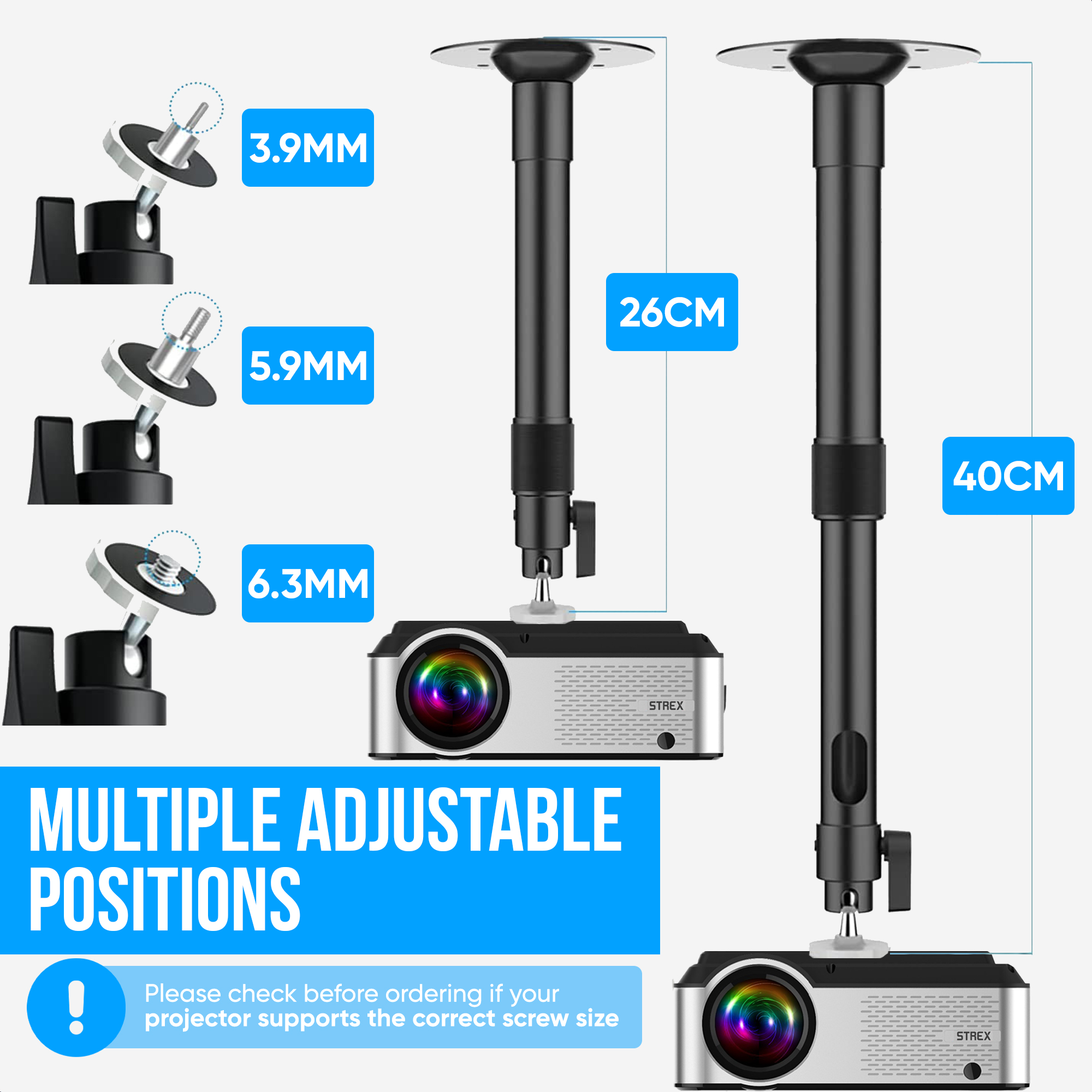 Projector mount with size details and adjustable poles.