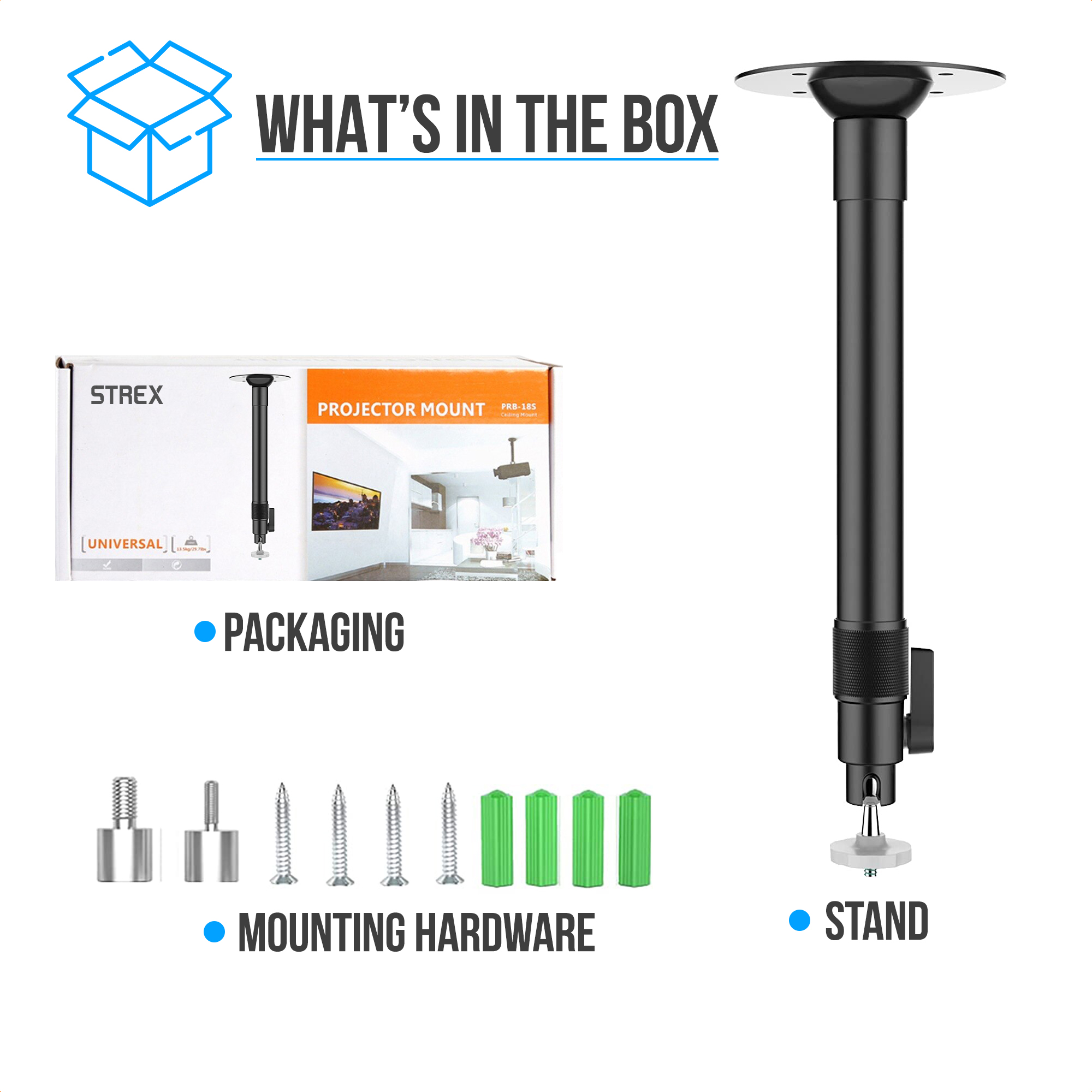 What's in the box: Projector mount, screws, and wall anchors.