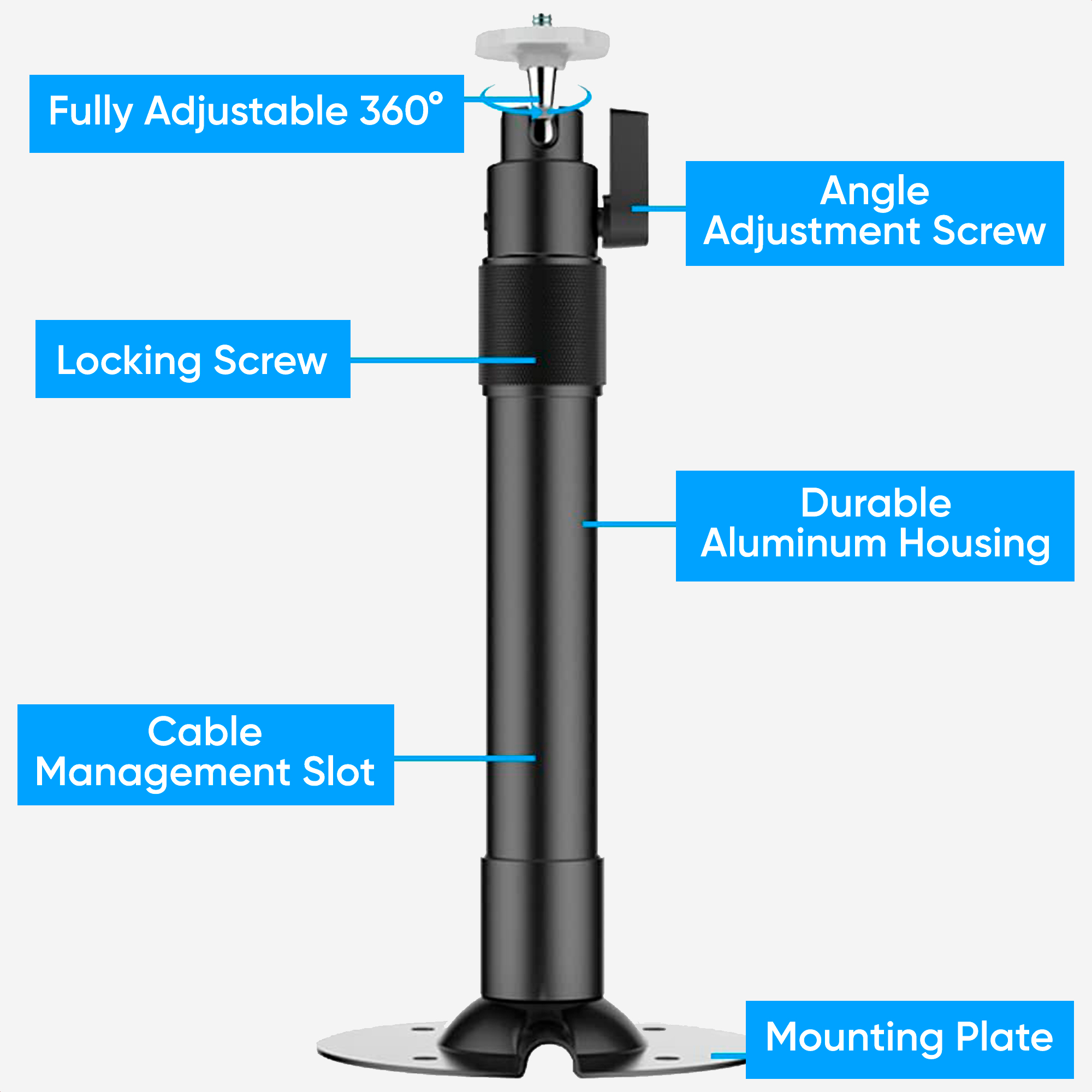 Black stand with adjustment screws and a mounting plate.