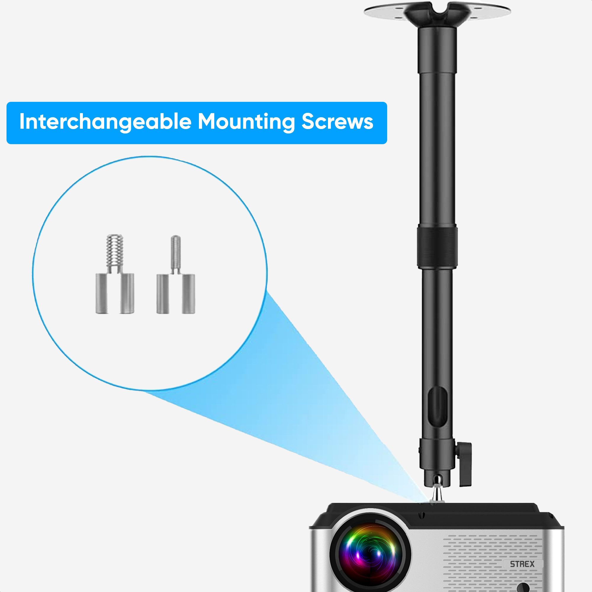 Projector mount with interchangeable screws. Close-up of screws shown.