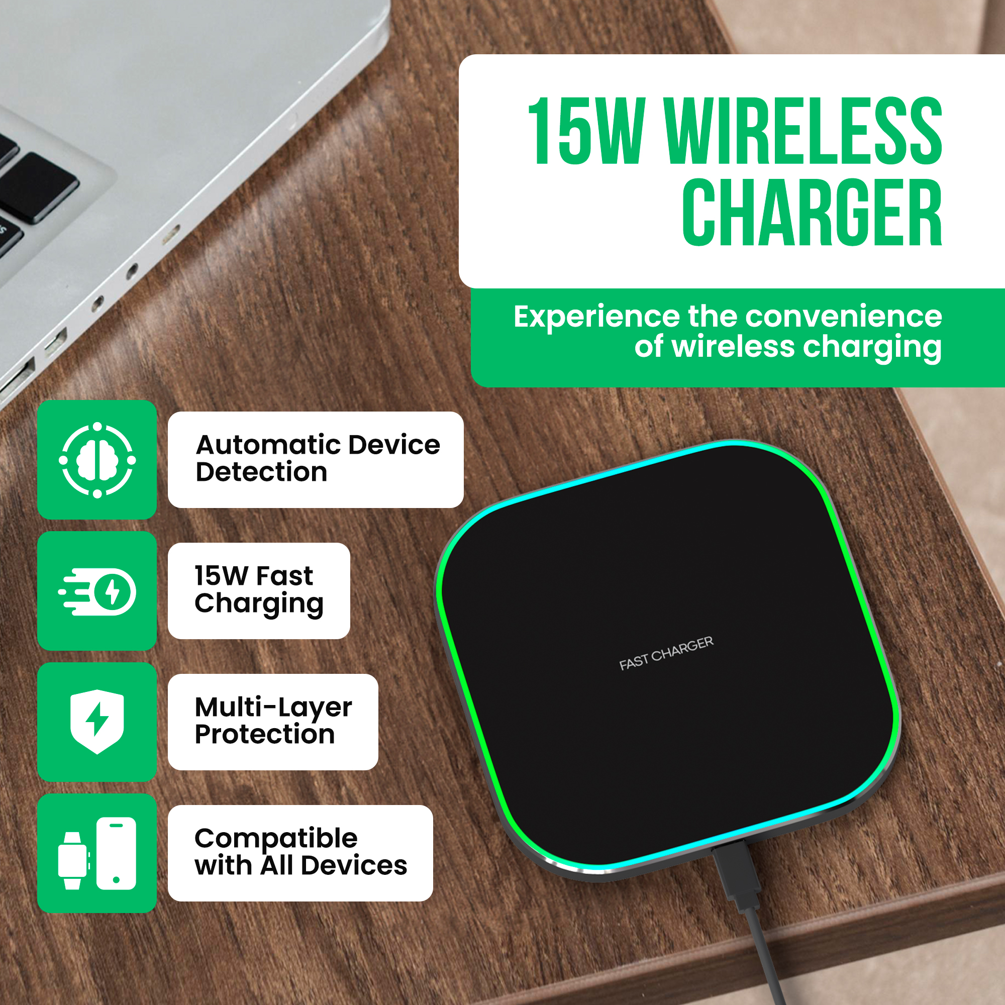 Chargeur sans fil noir avec bordure LED verte sur table en bois.