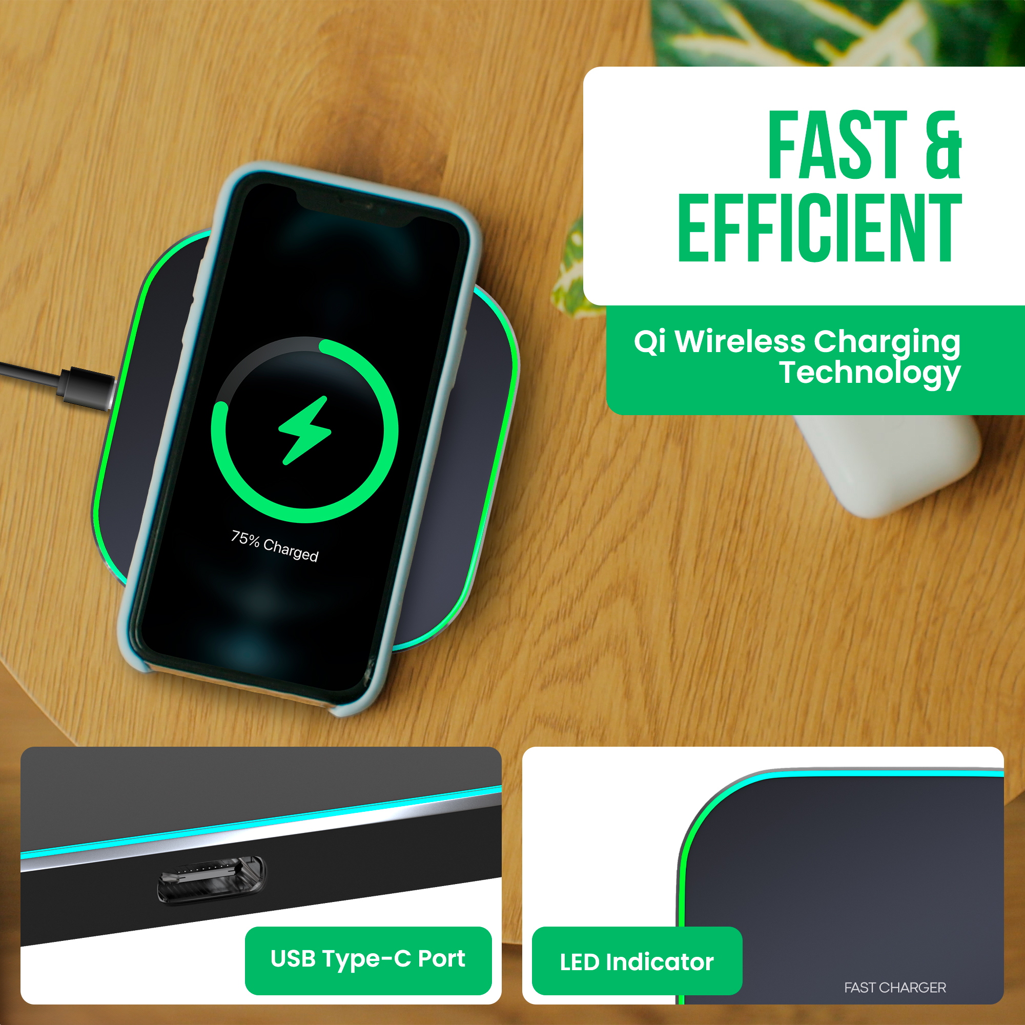 Un smartphone se charge sans fil sur une station de charge.