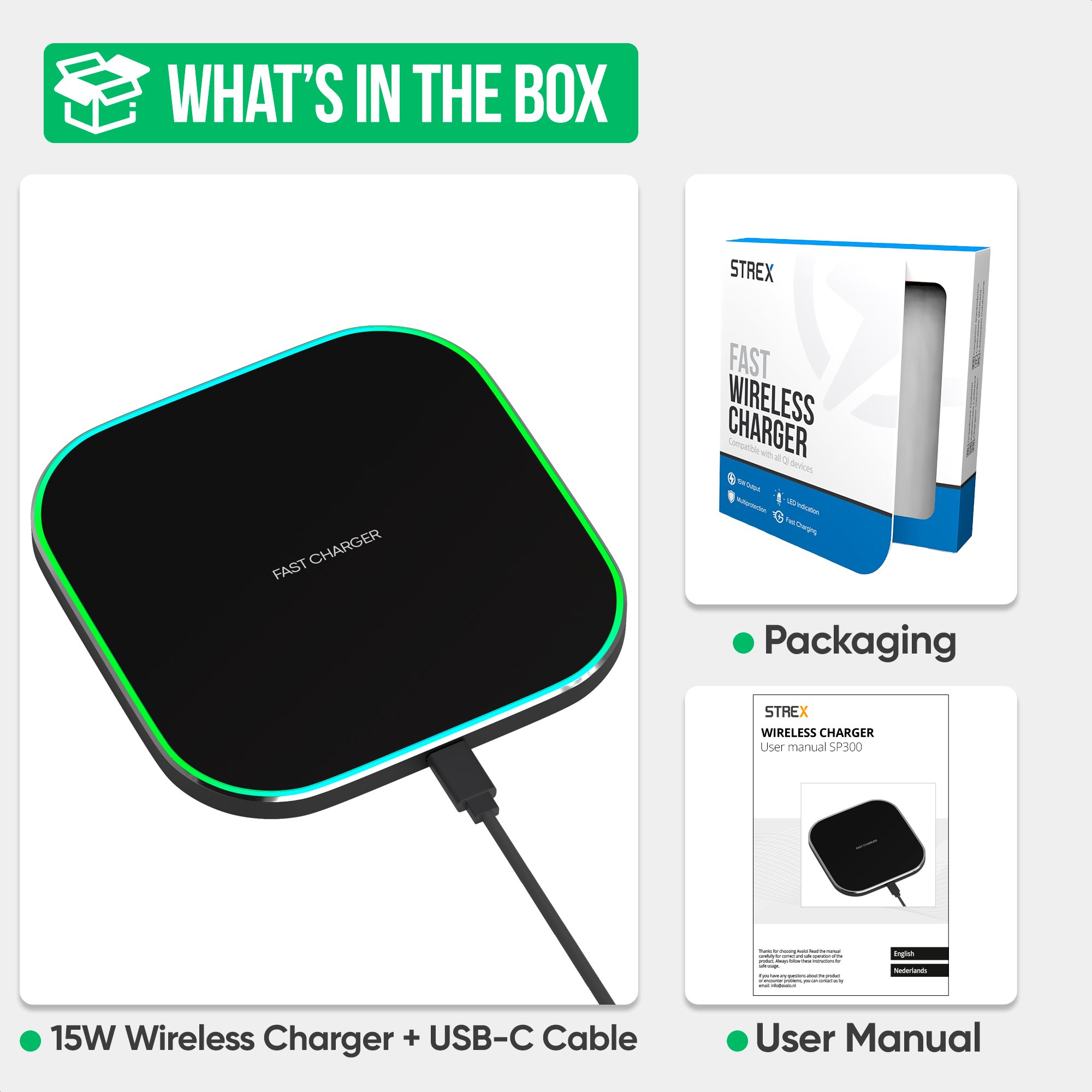 Chargeur sans fil noir et rond avec LED verte, câble USB-C et emballage.