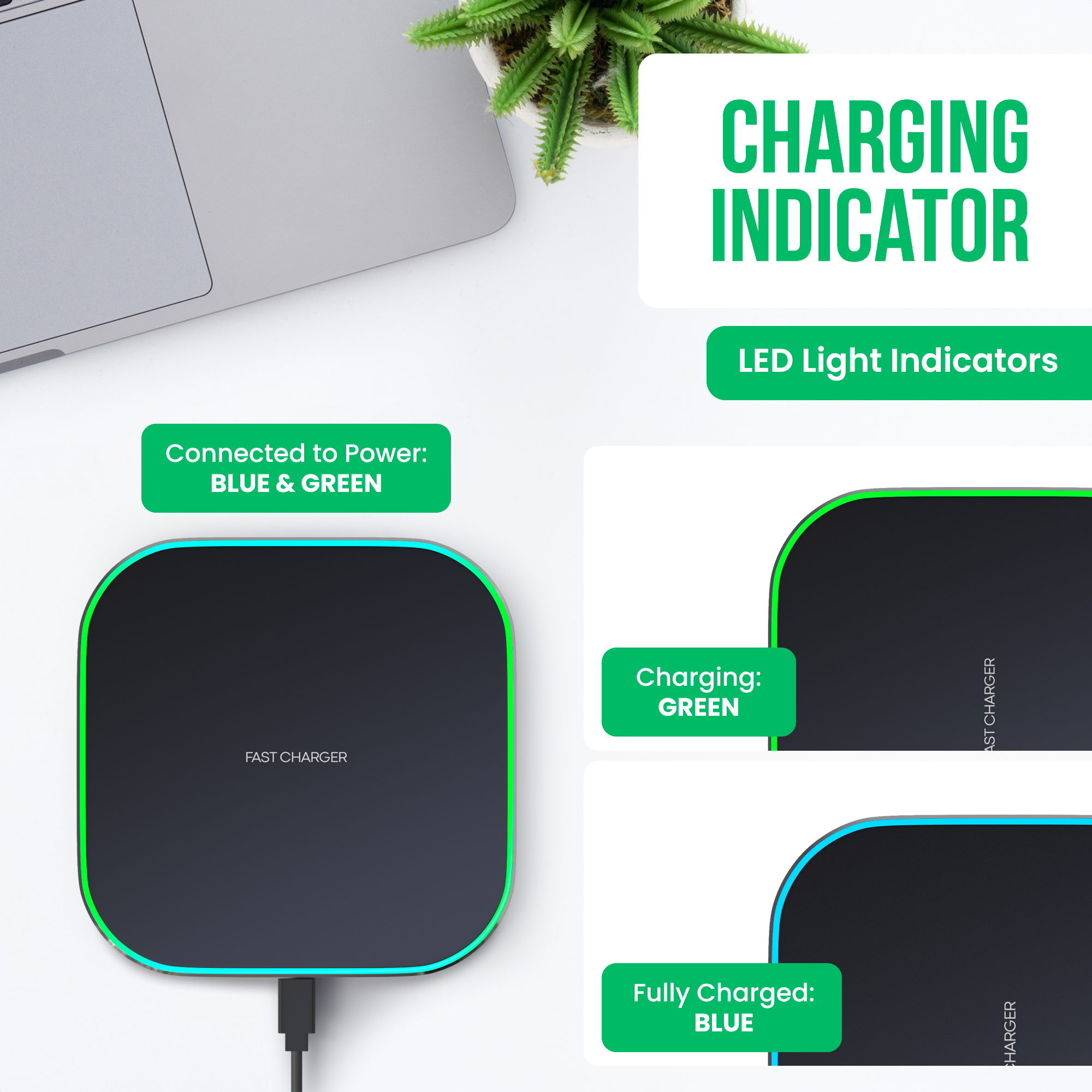 Chargeur noir avec lumière LED bleue et verte indiquant l'état de charge.