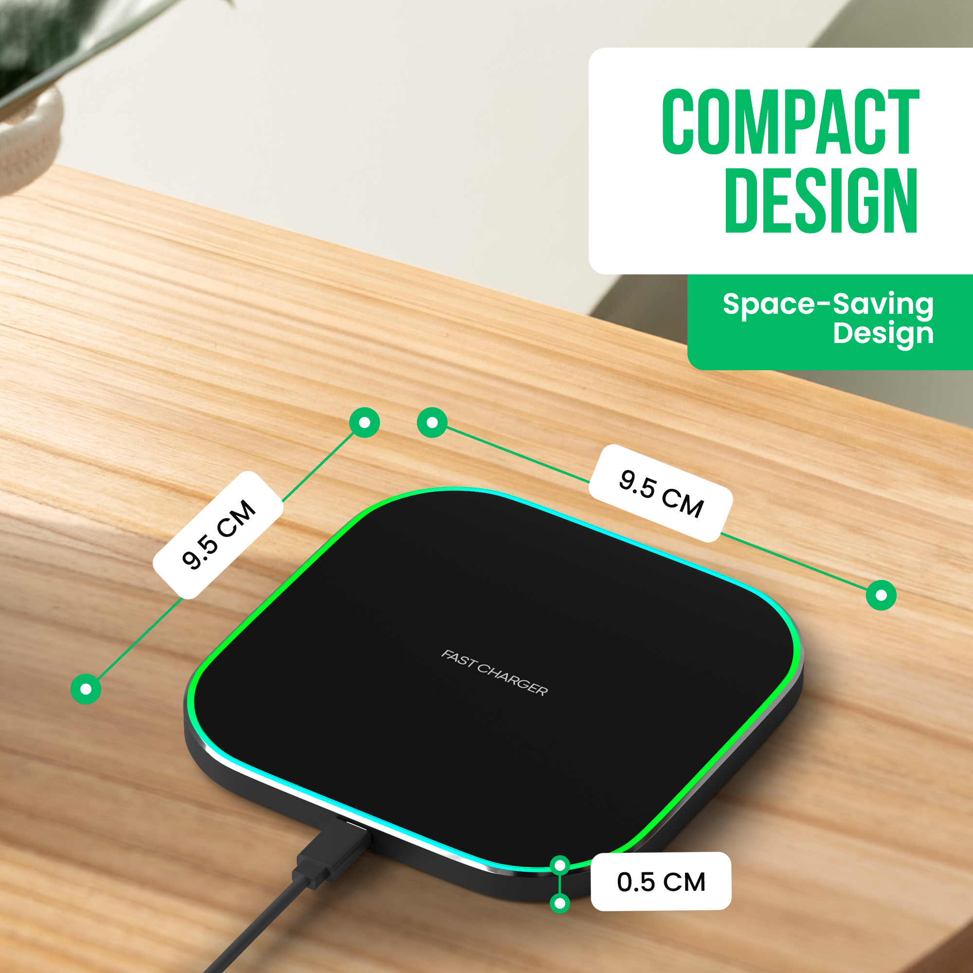 Chargeur noir avec dimensions 9,5 cm et 0,5 cm sur table en bois.