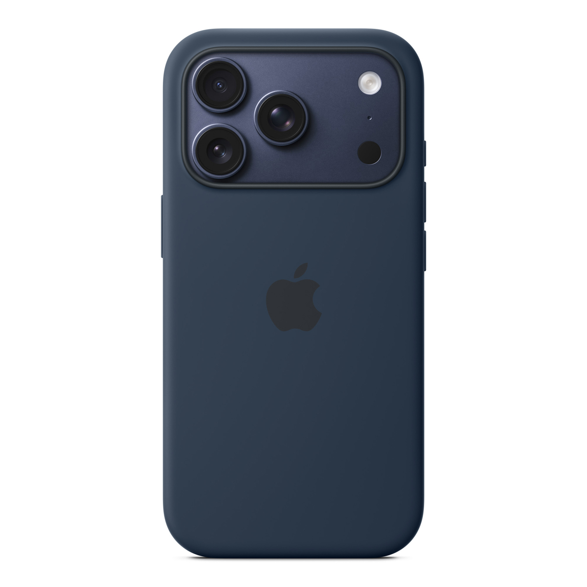 Custodia blu scuro per iPhone con logo Apple scuro e modulo fotocamera.