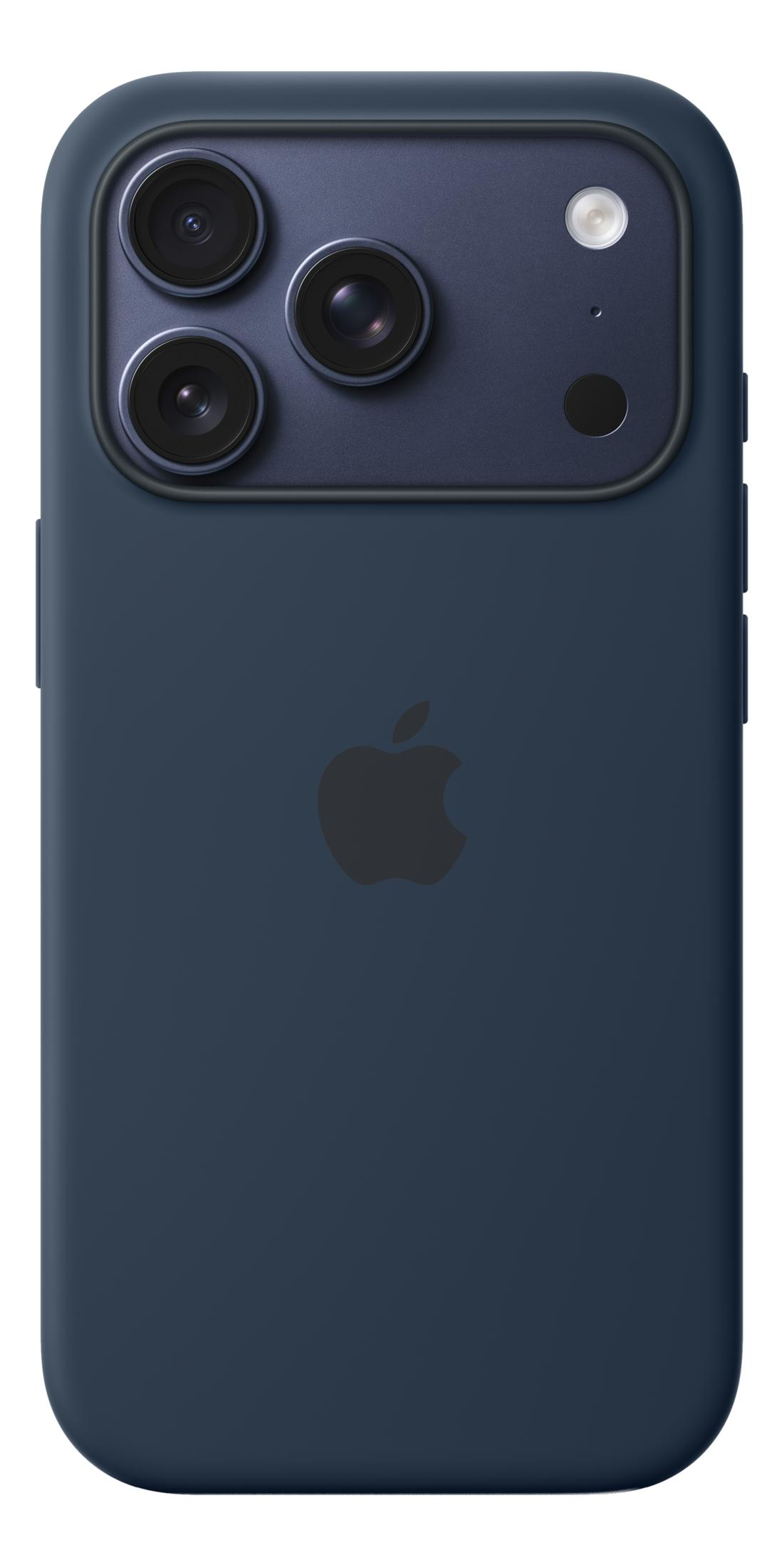 Retro di un iPhone blu scuro con tre obiettivi e flash.
