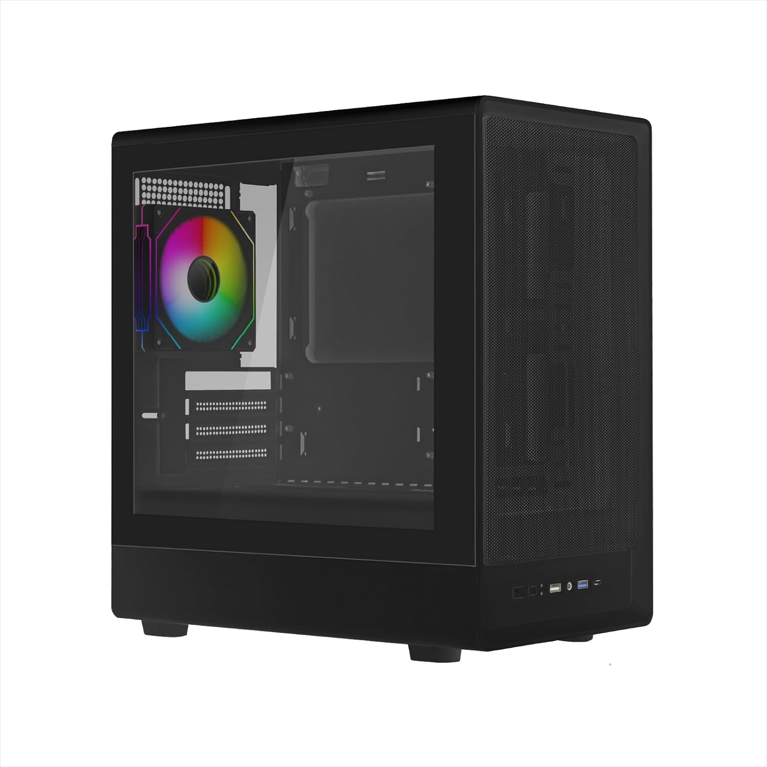 Case PC nero con ventola RGB e finestra laterale, su sfondo bianco.