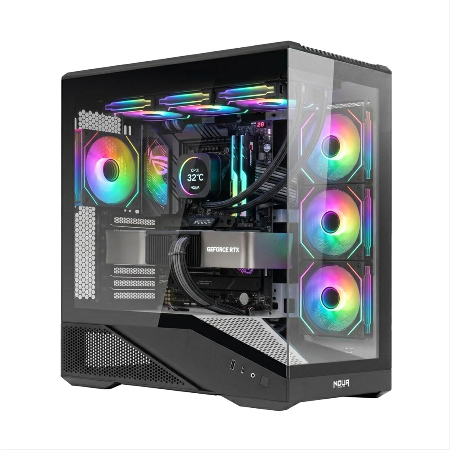 Un case per computer nero con ventole RGB e raffreddamento a liquido. È visibile una scheda GeForce RTX.