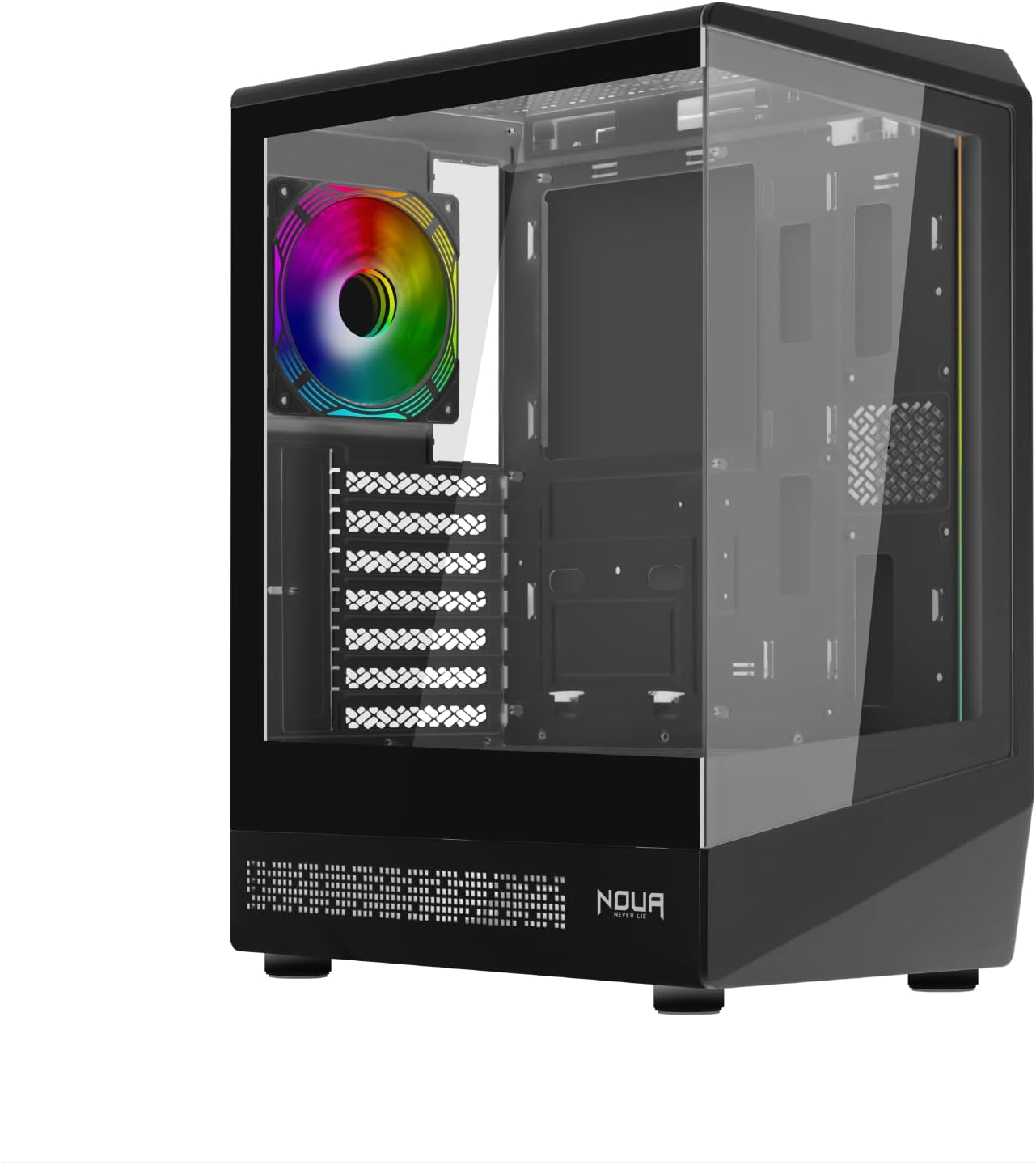 Un case per computer nero con pannello laterale in vetro trasparente e ventola RGB colorata.