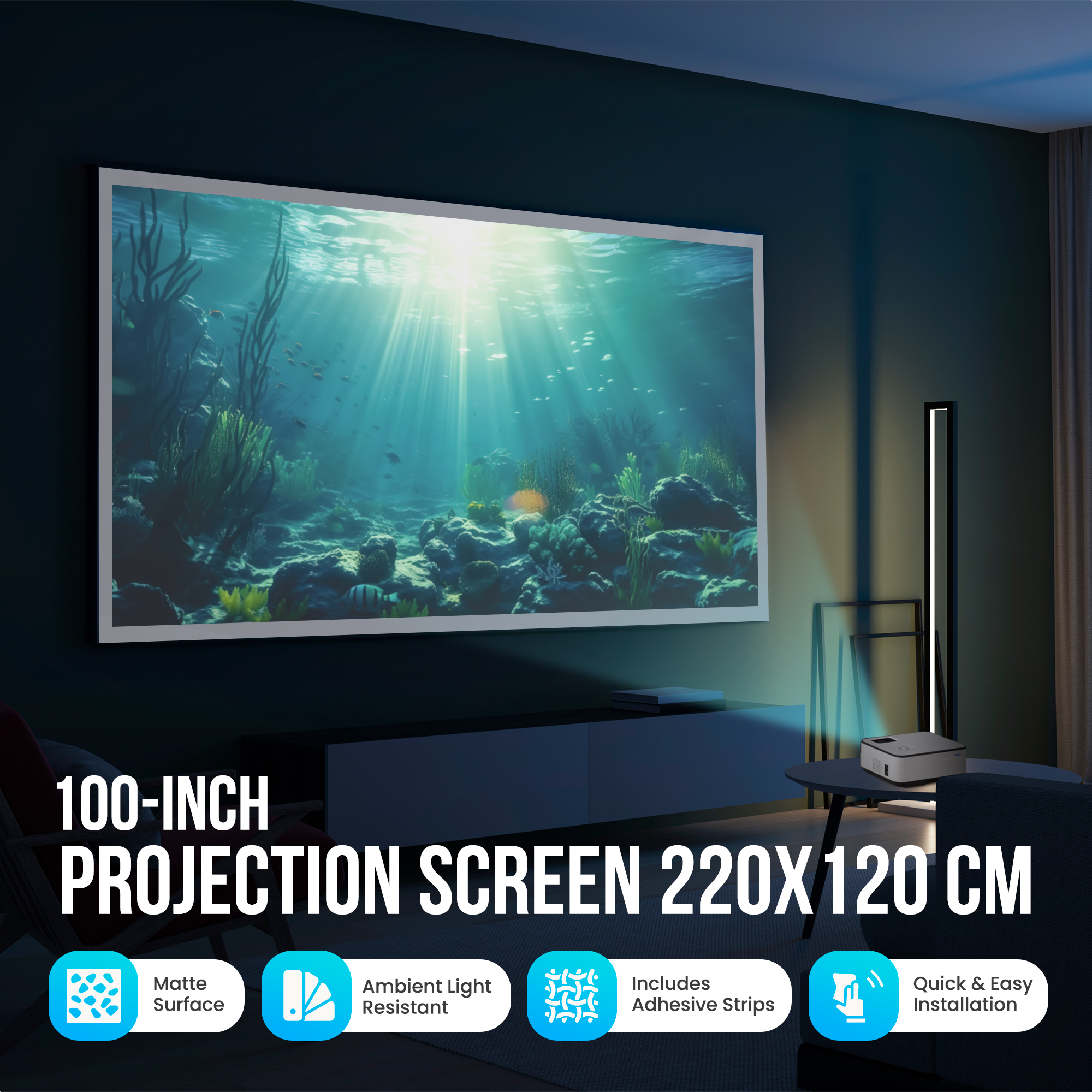 Eine 100-Zoll-Leinwand zeigt eine Unterwasserszene. Merkmale: Matte Oberfläche, Umgebungslichtresistent, Klebestreifen enthalten, Schnelle & einfache Installation.