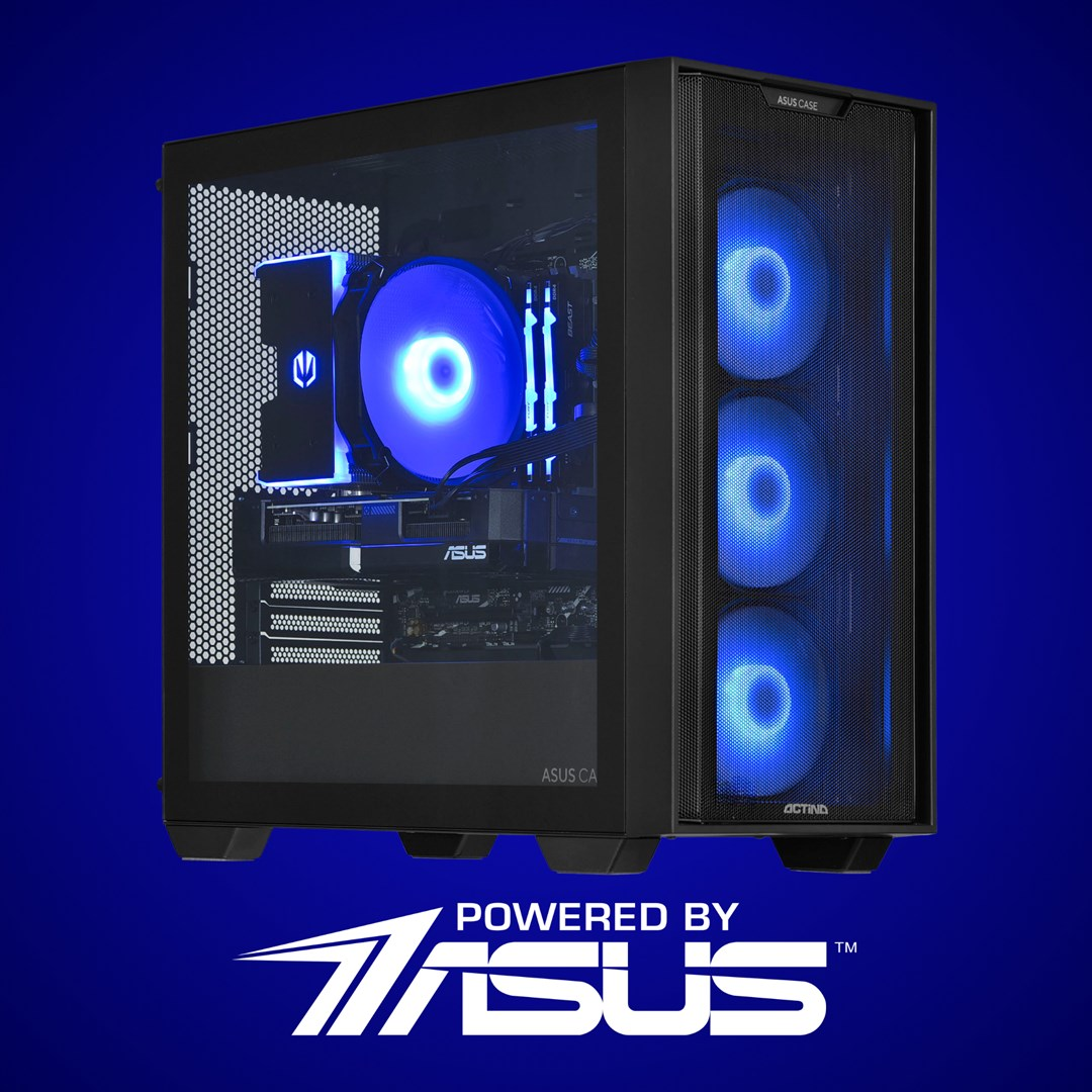 Czarna obudowa komputera z niebieskimi wentylatorami i światłami, logo ASUS.