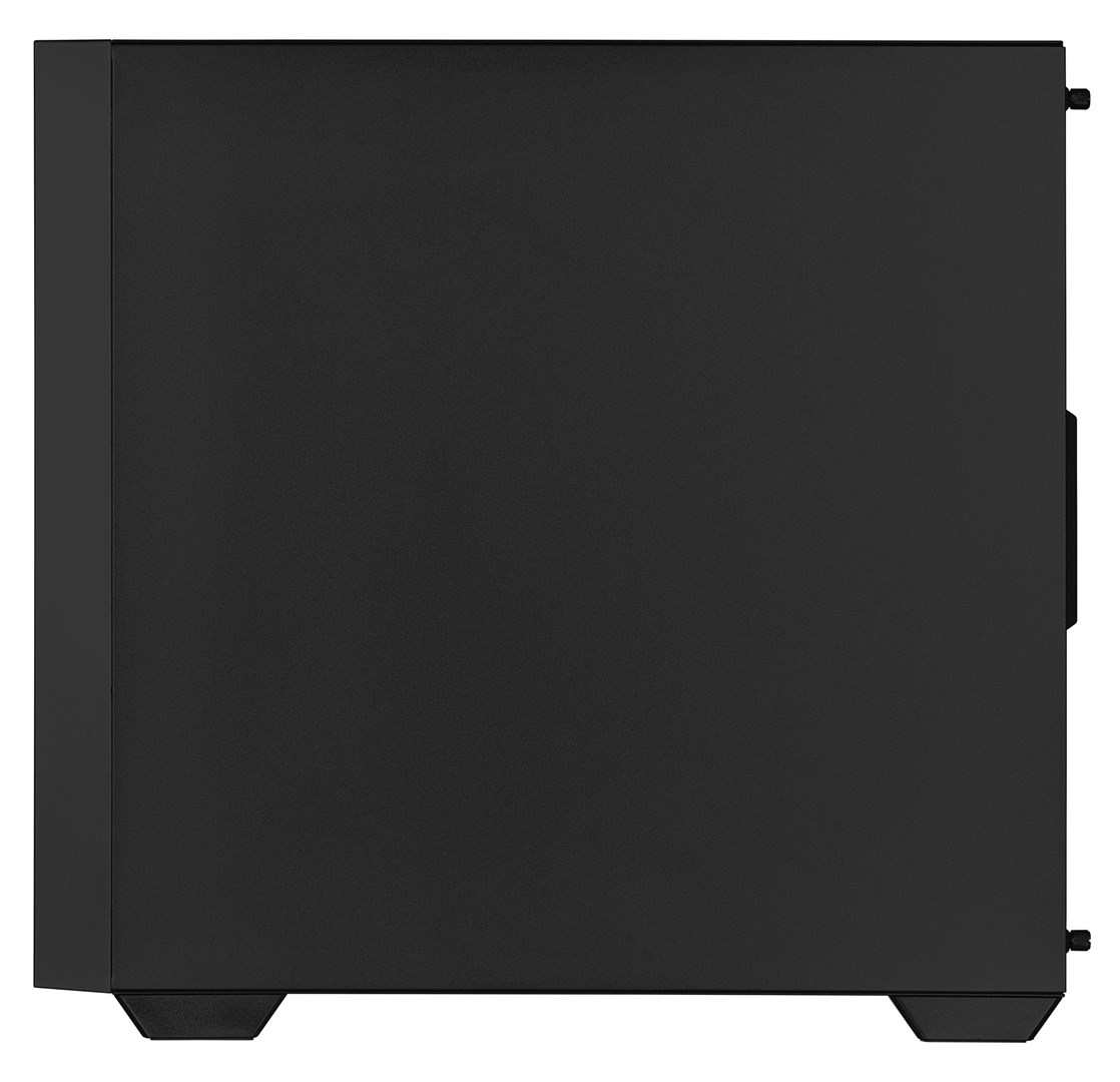 Czarna obudowa komputera widziana z boku, z nóżkami.