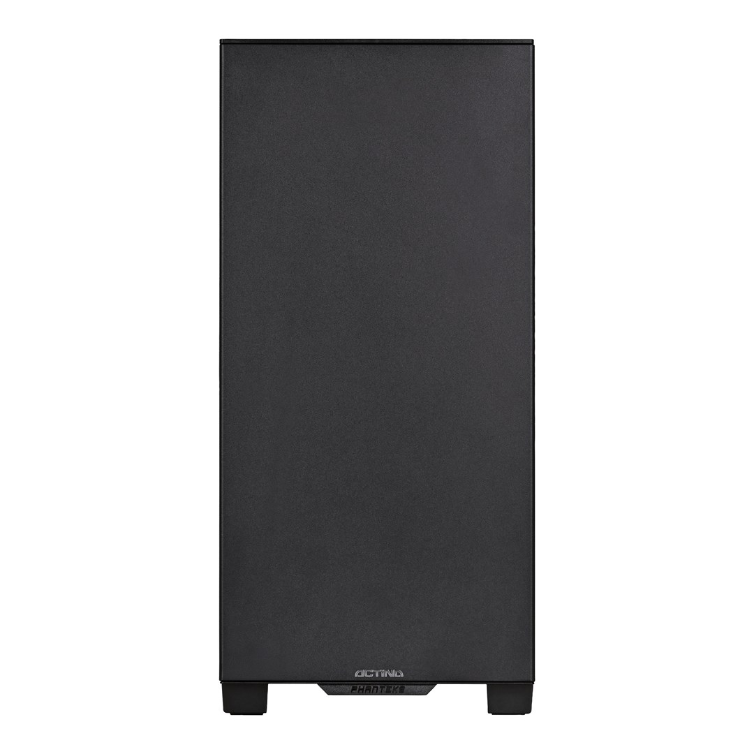 Case del computer nero con finitura in metallo spazzolato e logo in basso.