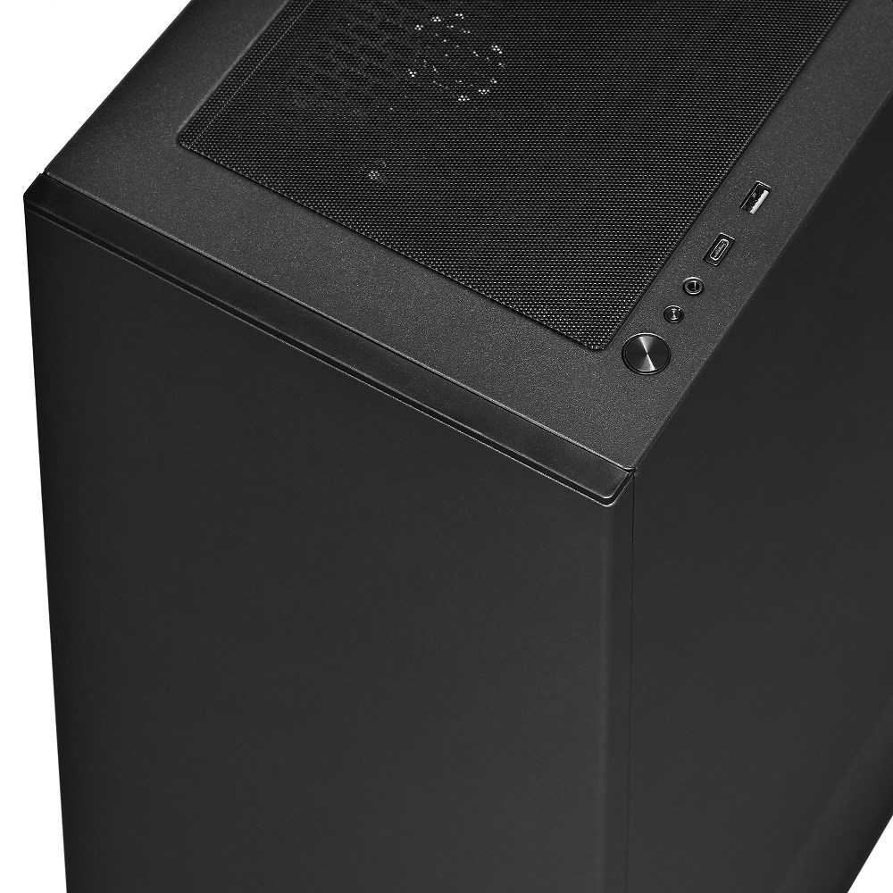 Primo piano di un case per computer nero con griglia e porte.