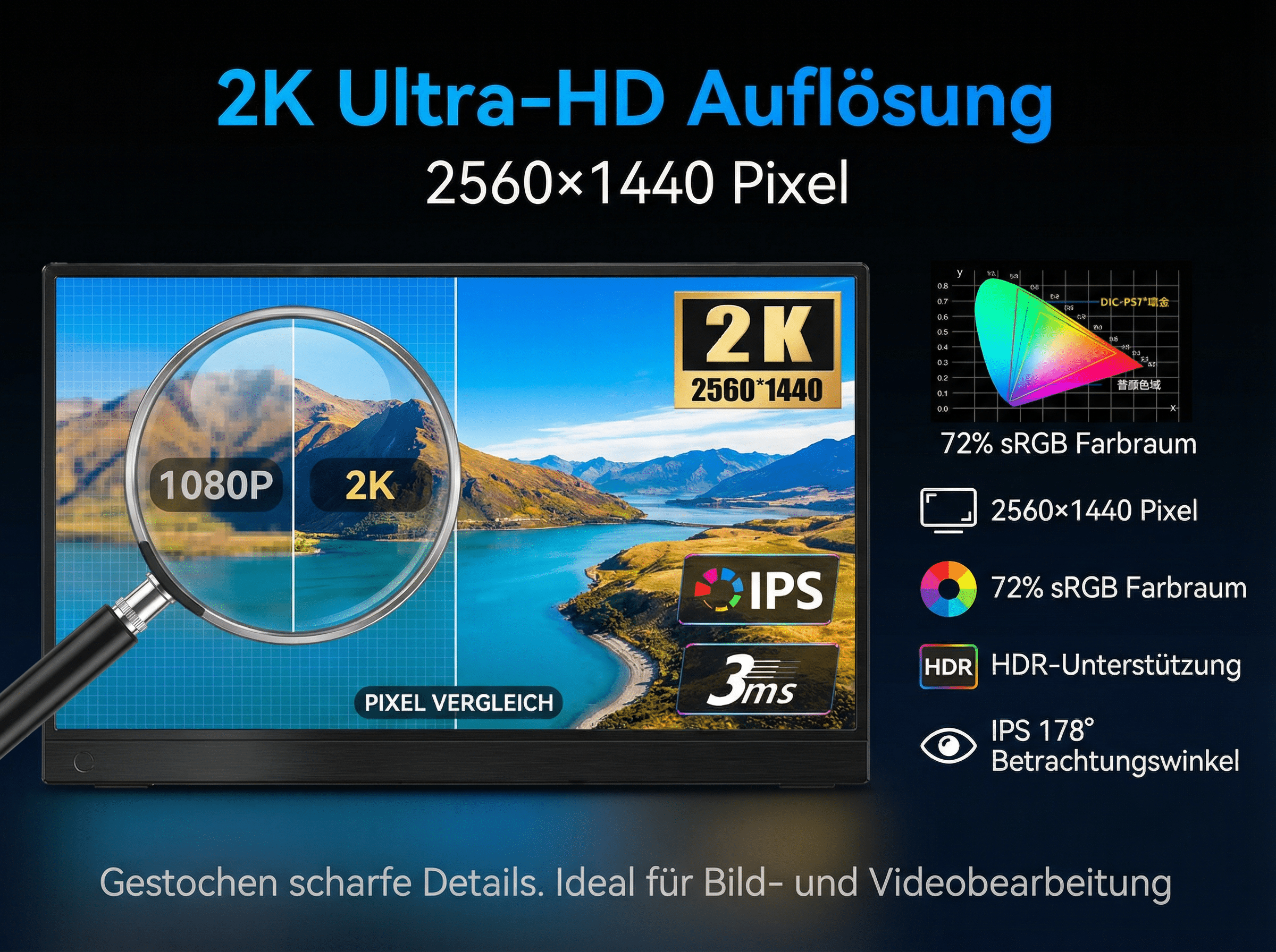 Ein Monitor zeigt ein Landschaftsbild, Auflösung 2560x1440, mit Vergrößerung.