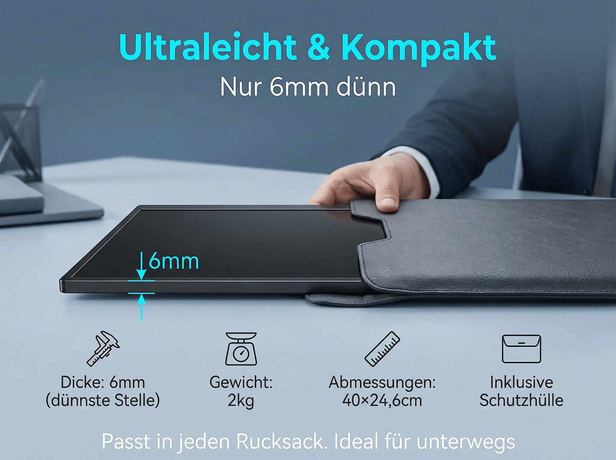 Ein Mann legt einen dünnen Monitor in eine graue Hülle. 6mm dick.