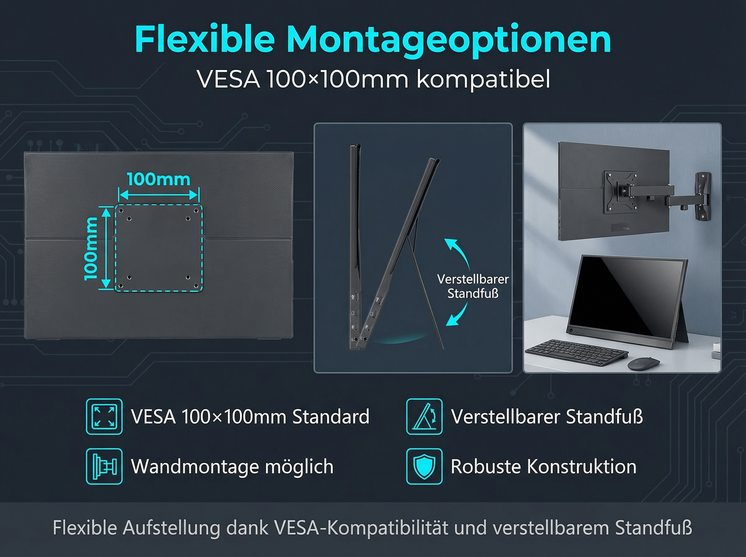 Flexibel montierbarer Monitor mit VESA 100x100mm und verstellbarem Standfuß.