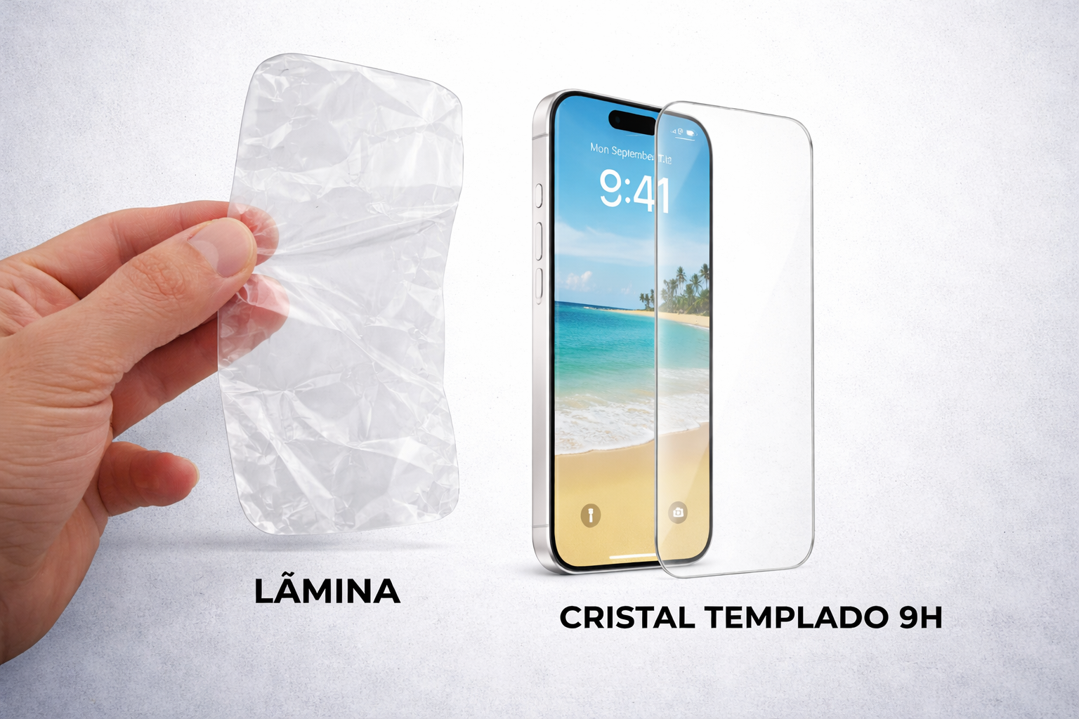Eine Hand hält eine zerknitterte Plastikfolie neben einem Smartphone mit Bildschirmschutz.