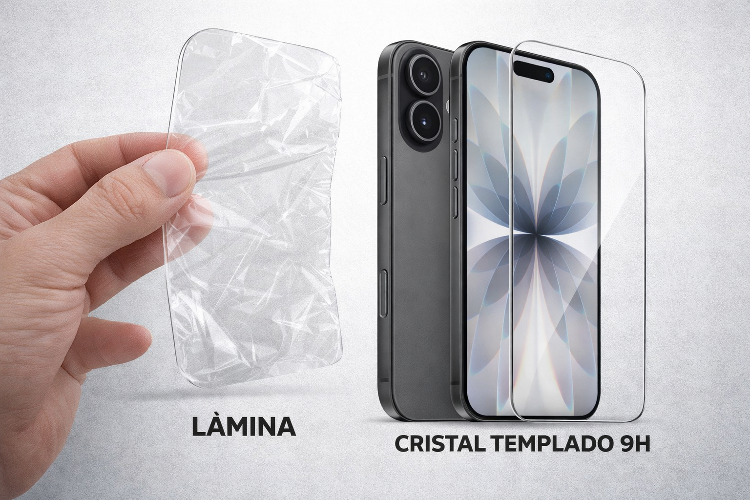 Eine Hand hält eine Displayschutzfolie neben einem Smartphone. Glas.