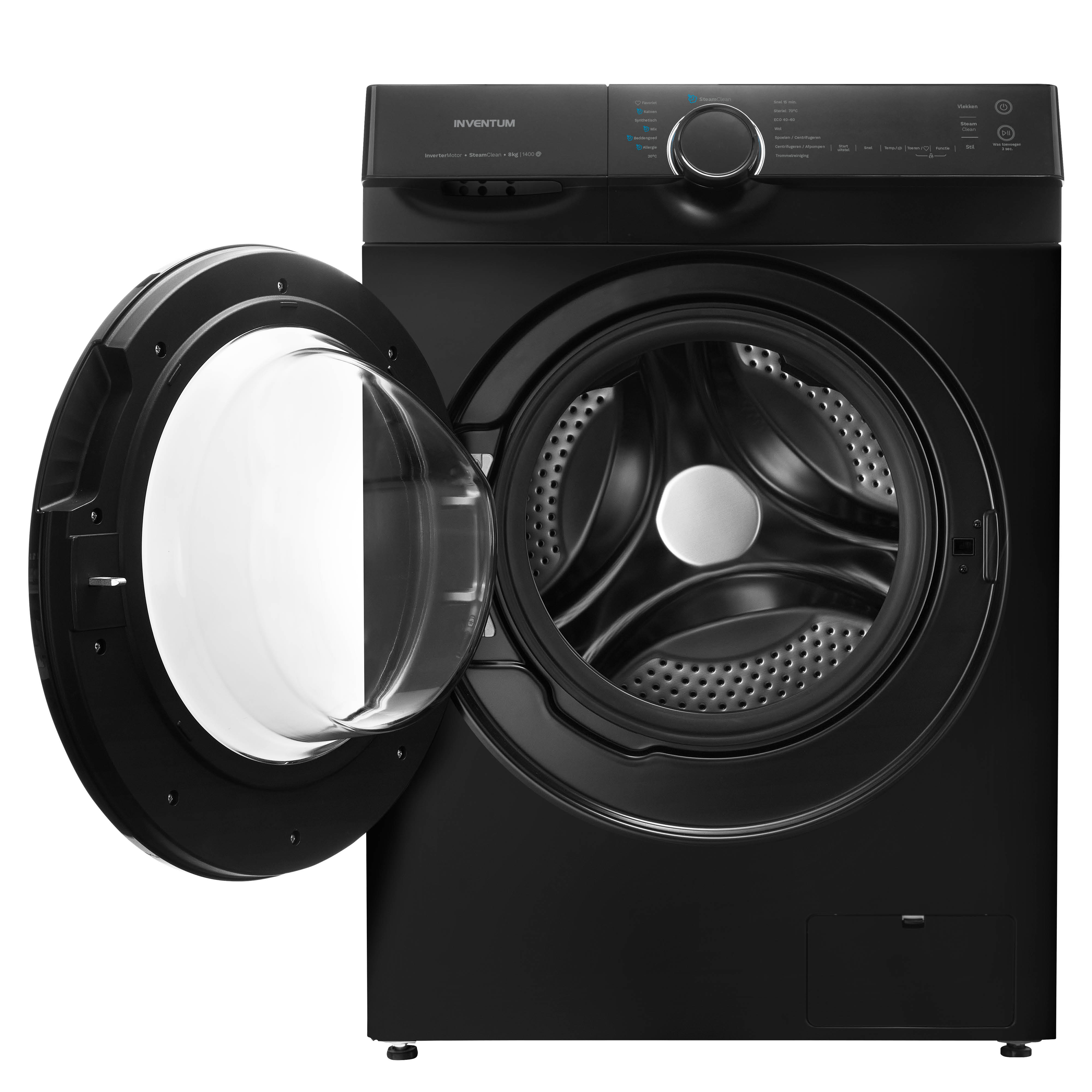 Black washing machine with open door, showing the drum inside.