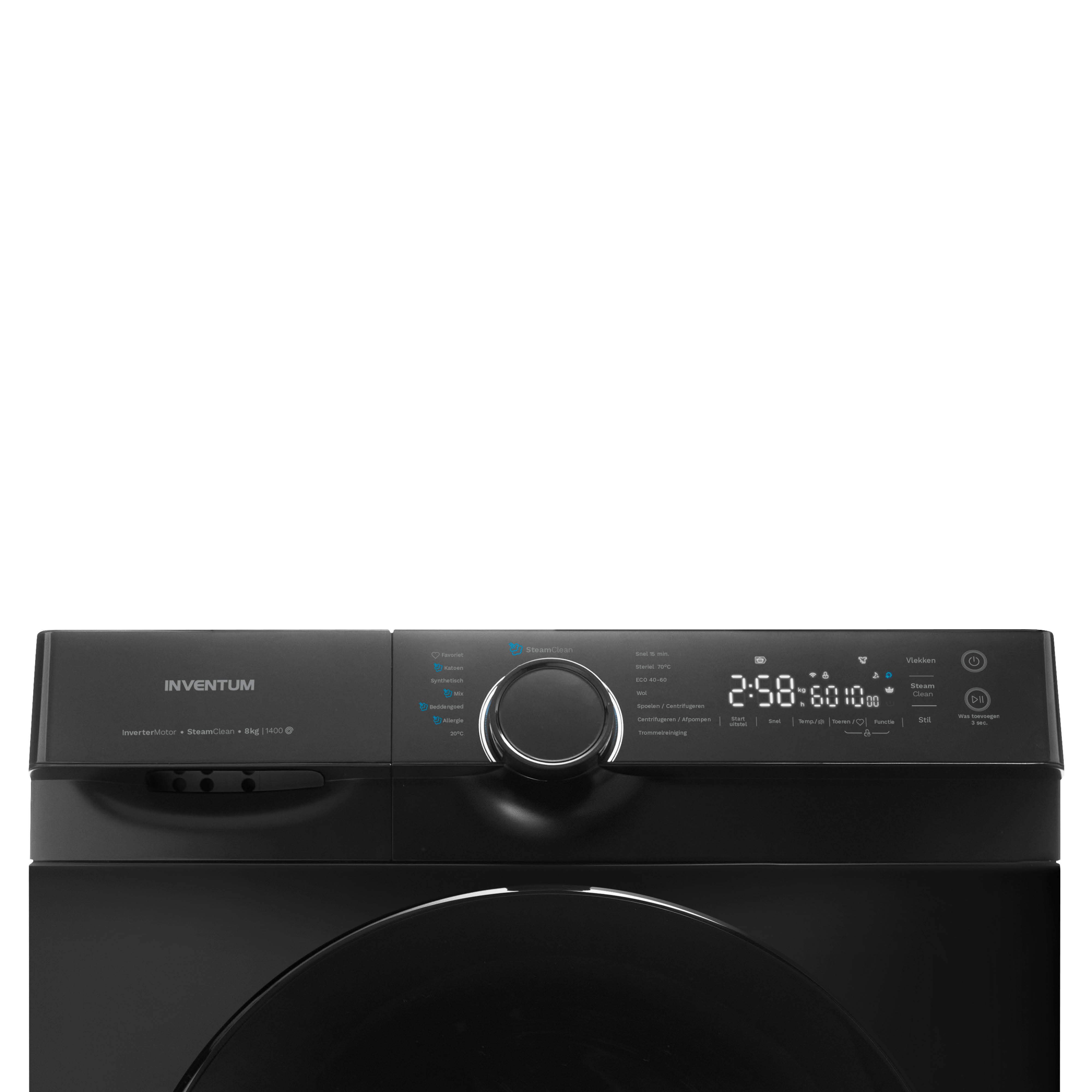 Black washing machine with control panel and digital display.