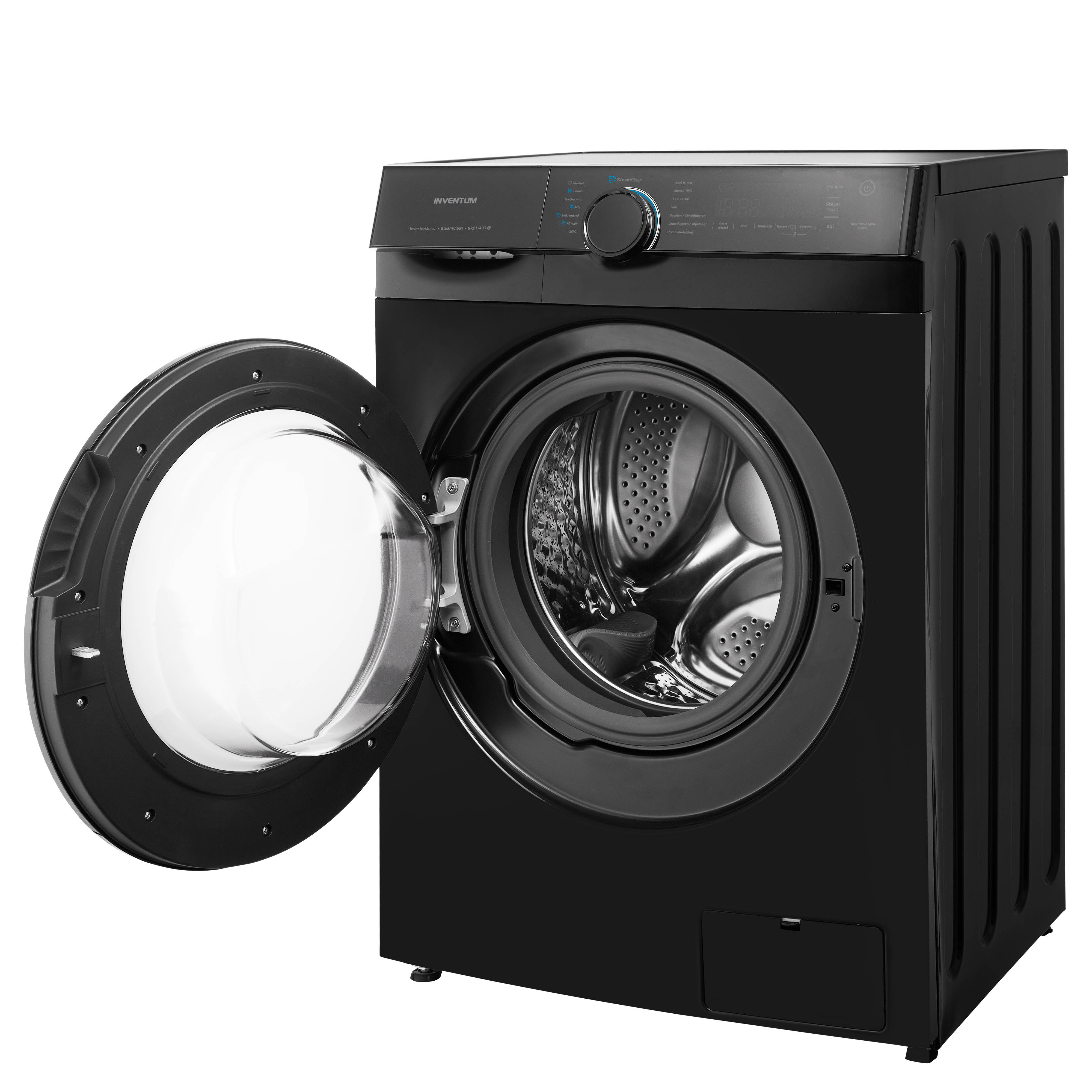 Black washing machine with open door and silver drum.