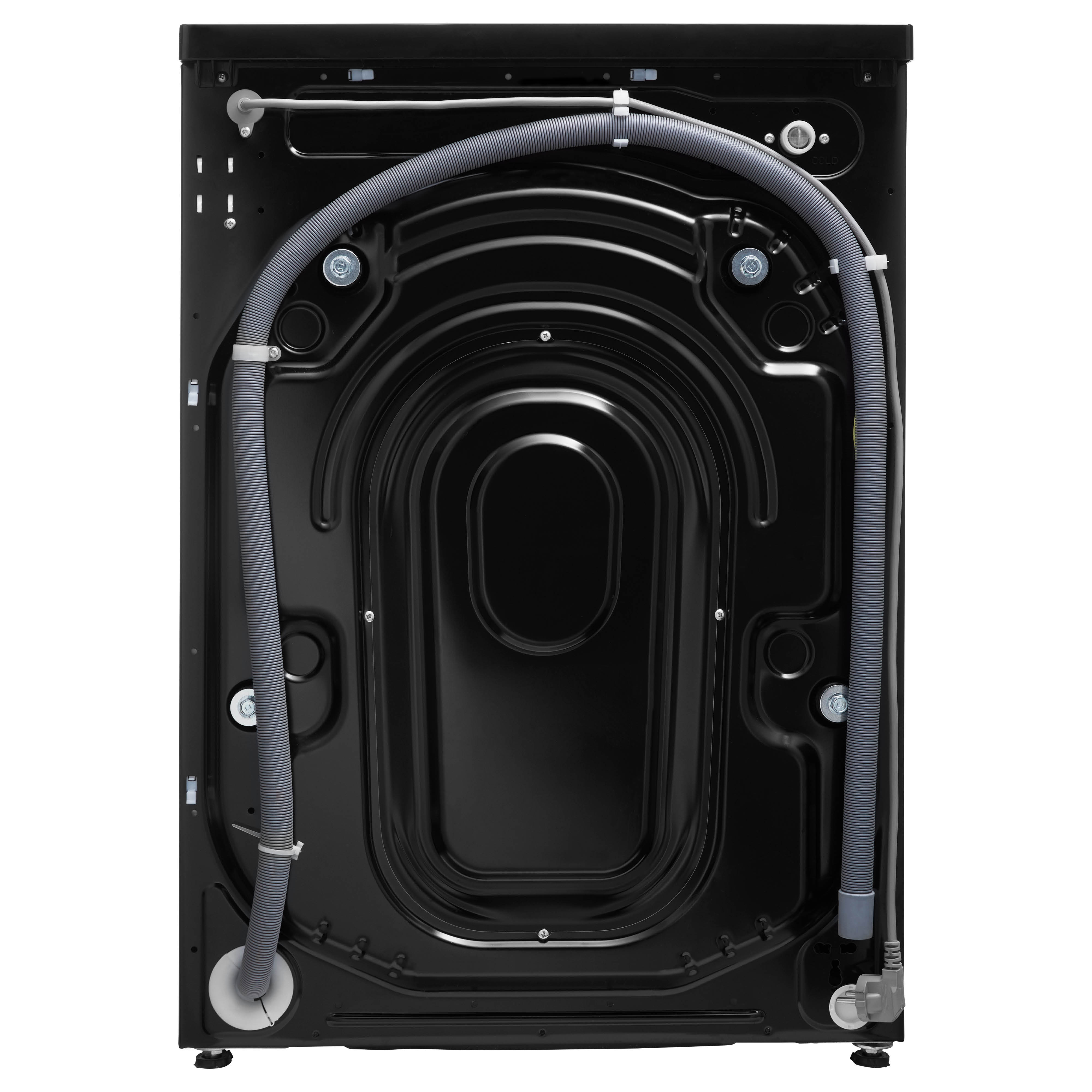Back of a black washing machine with hoses and cables attached.