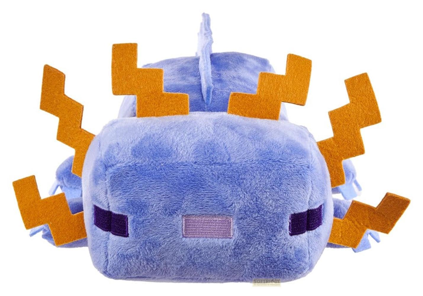 Ein blauer Plüsch-Axolotl mit orangen Blitz-Gedächtnis-Elementen.