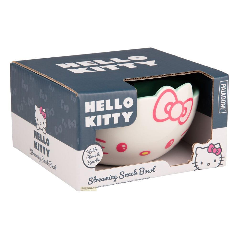 Eine weiße Hello Kitty Snackschale mit rosa Schleife und Details, in blauer Verpackung.