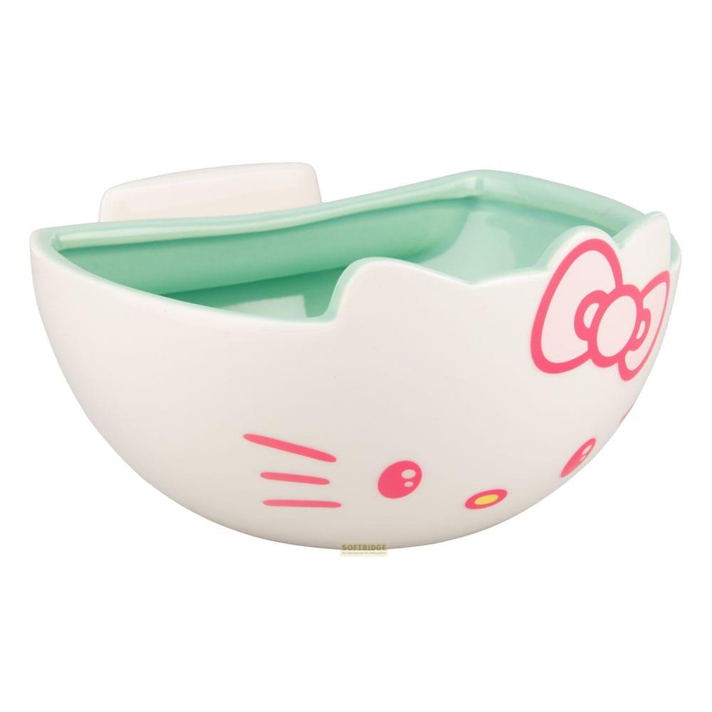 Eine weiße Schale mit Hello Kitty-Gesicht und rosa Schleife.