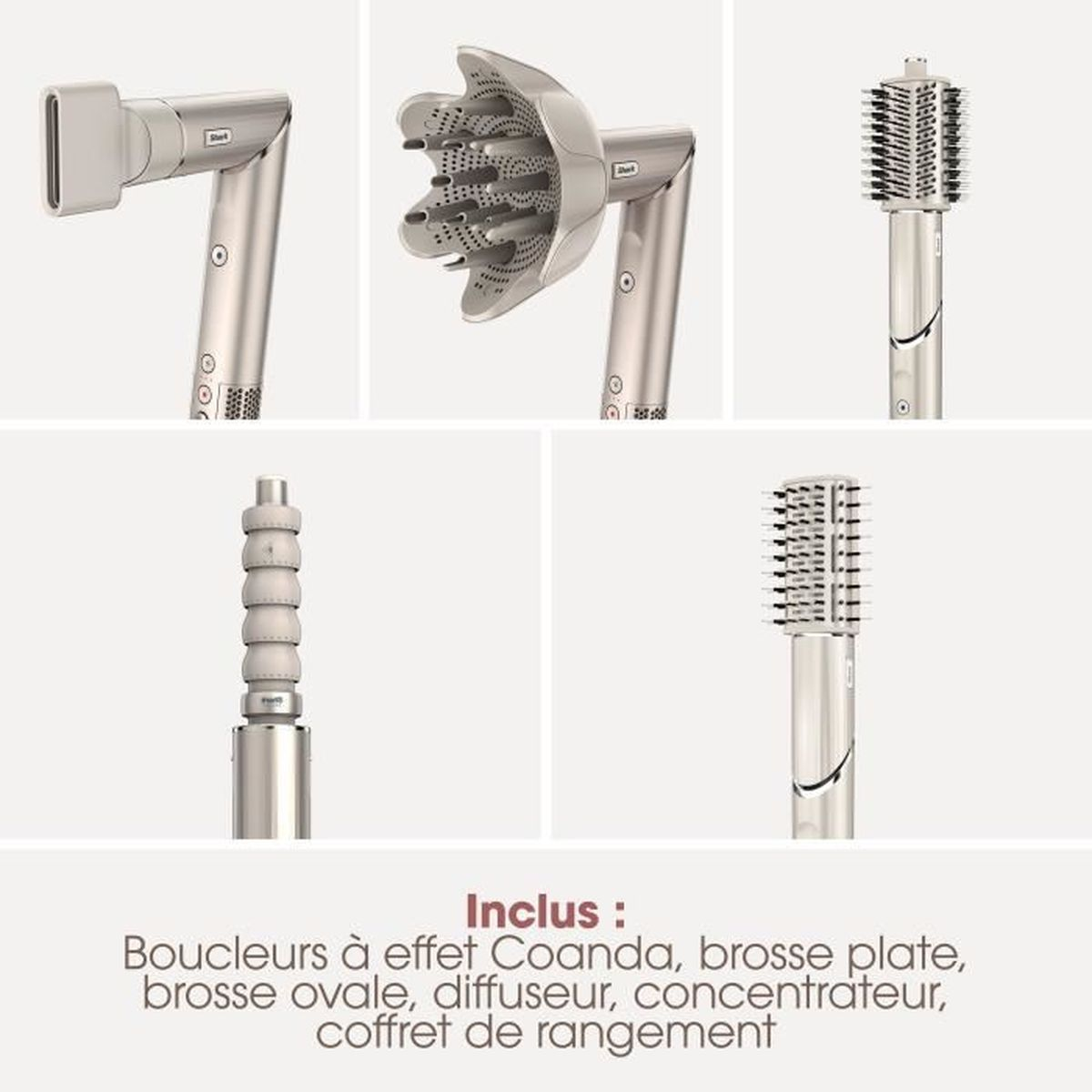 Srebrne akcesoria do włosów: koncentrator, dyfuzor, szczotki i lokówka.