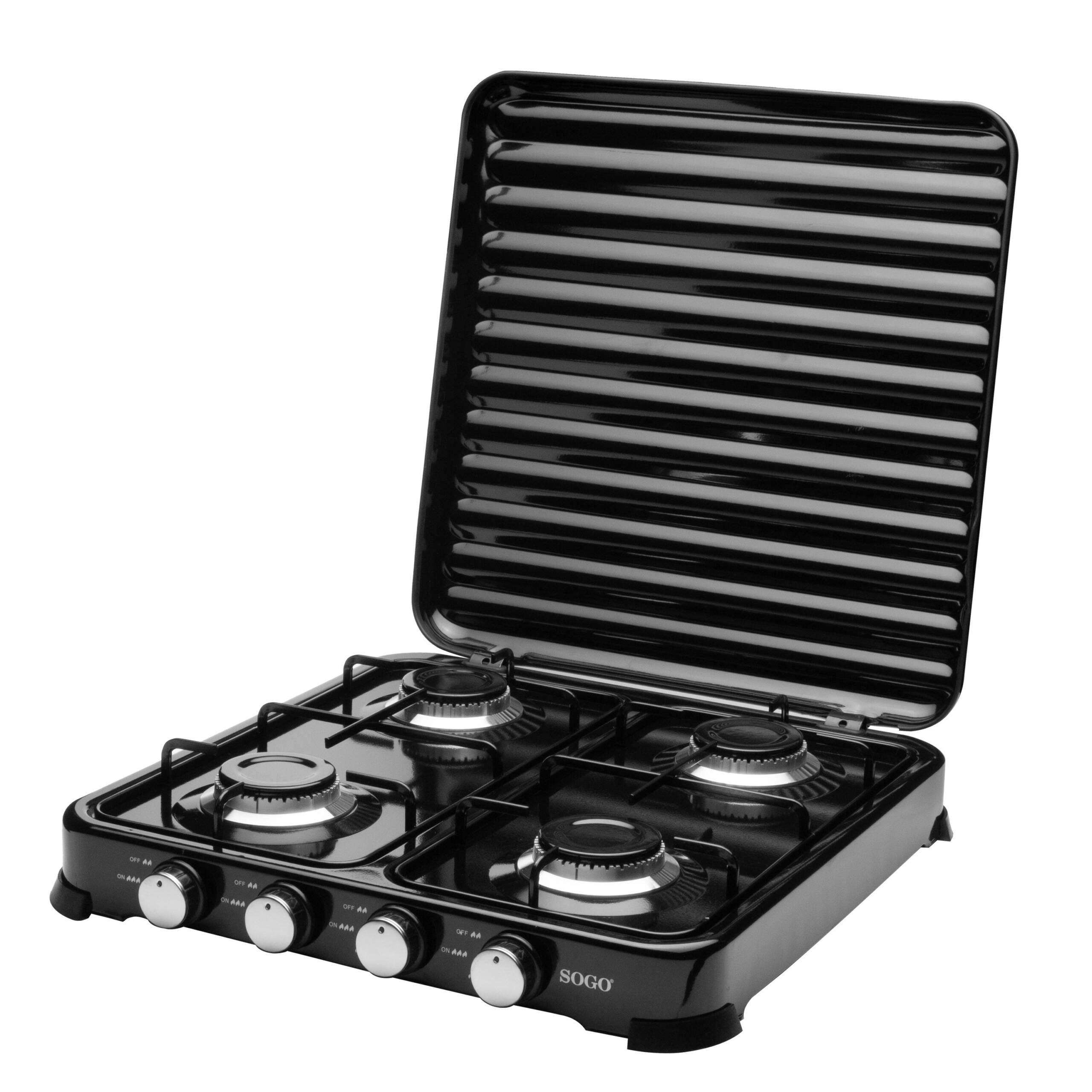Estufa de gas negra de cuatro quemadores con tapa abierta.