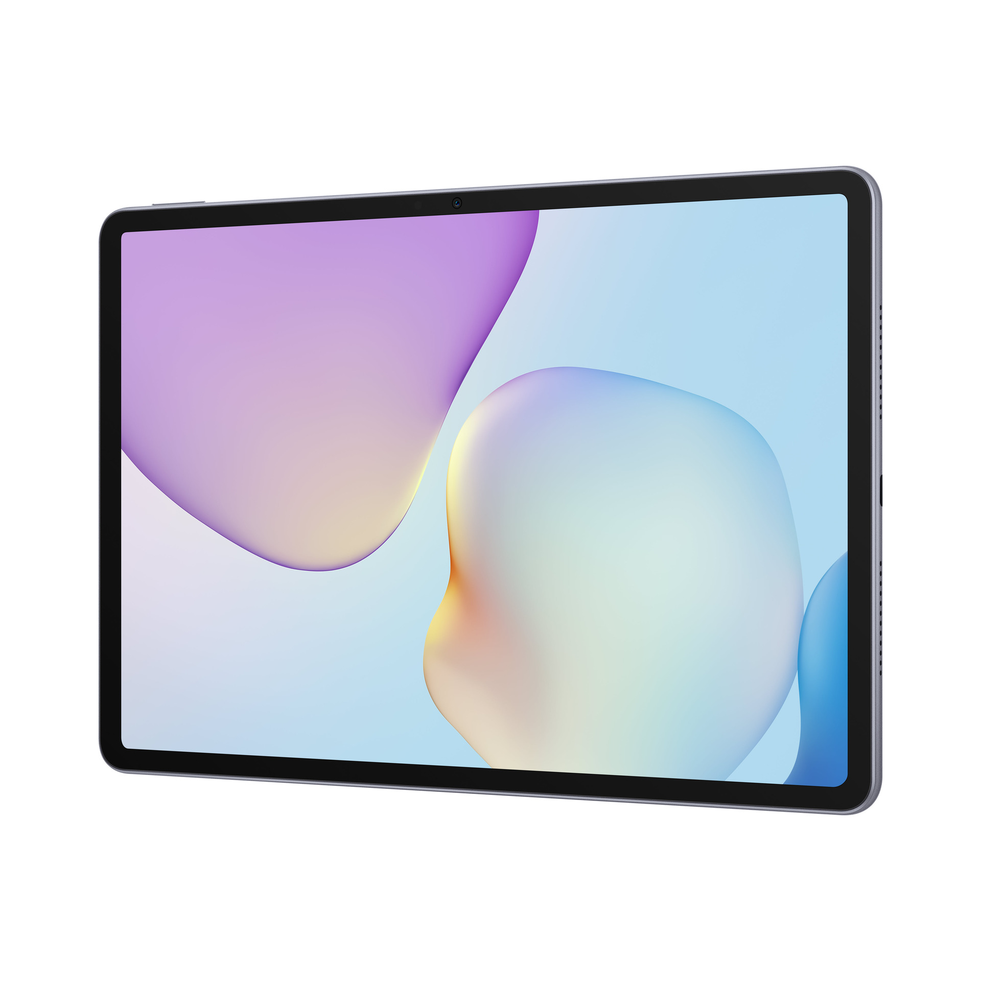 Un tablet grigio mostra uno sfondo astratto colorato sullo schermo.
