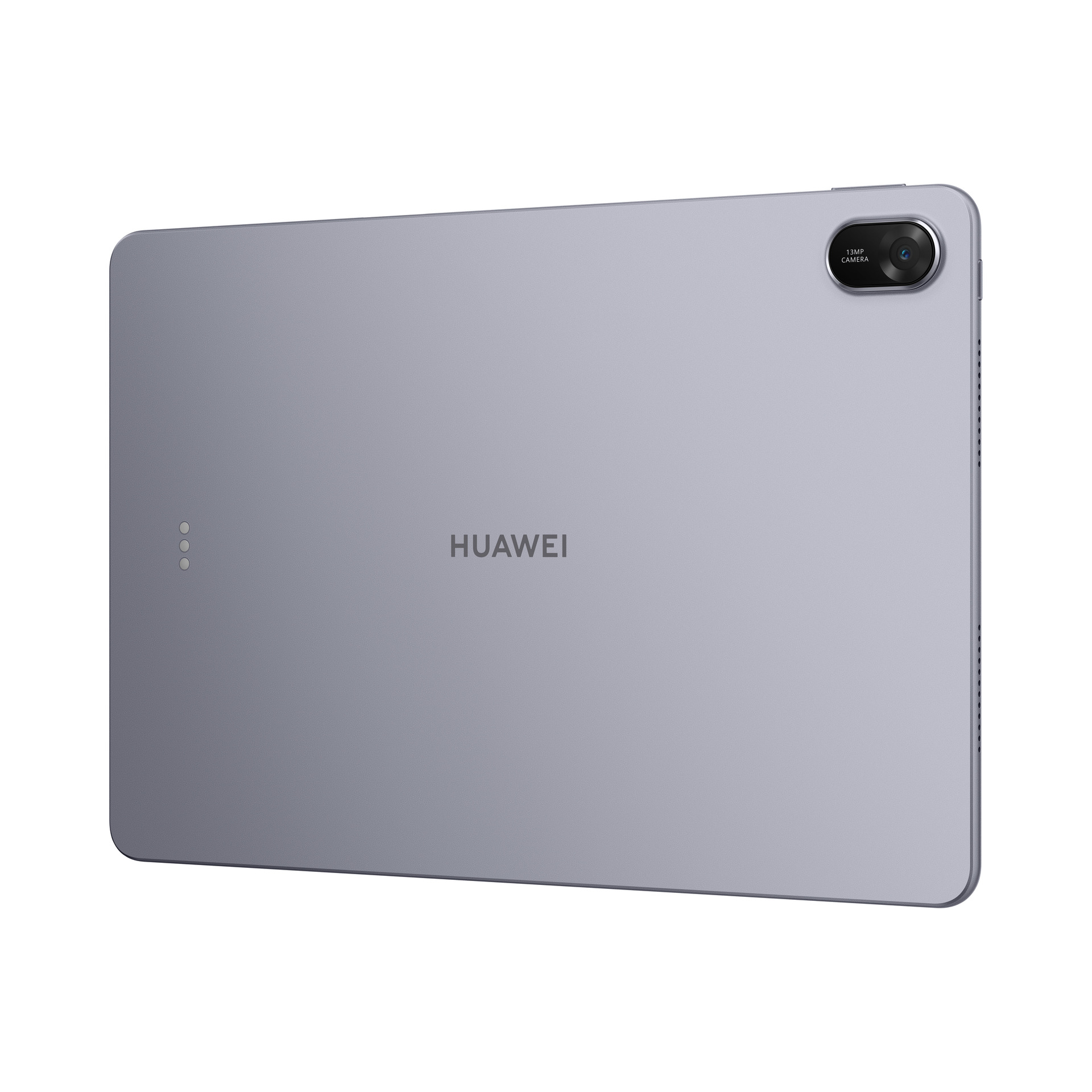 Retro di un tablet Huawei grigio con fotocamera da 13MP e logo Huawei.