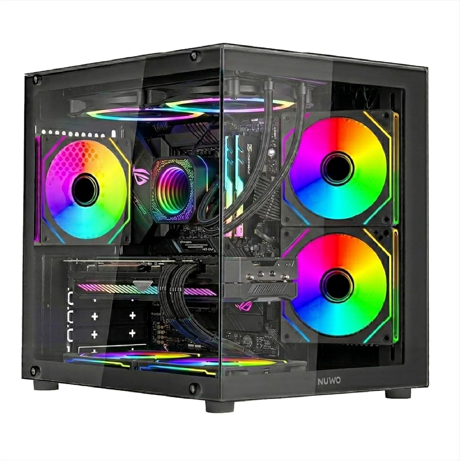 Un case PC nero con ventole RGB e componenti interni.