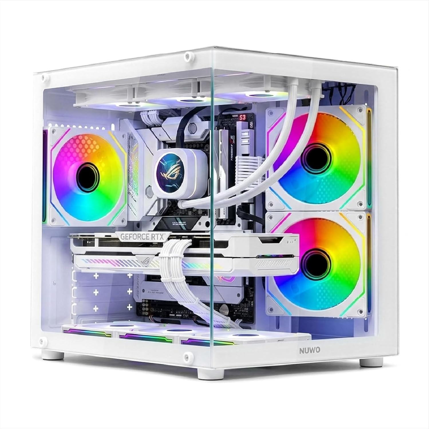 Un case PC bianco con ventole RGB e una scheda grafica.