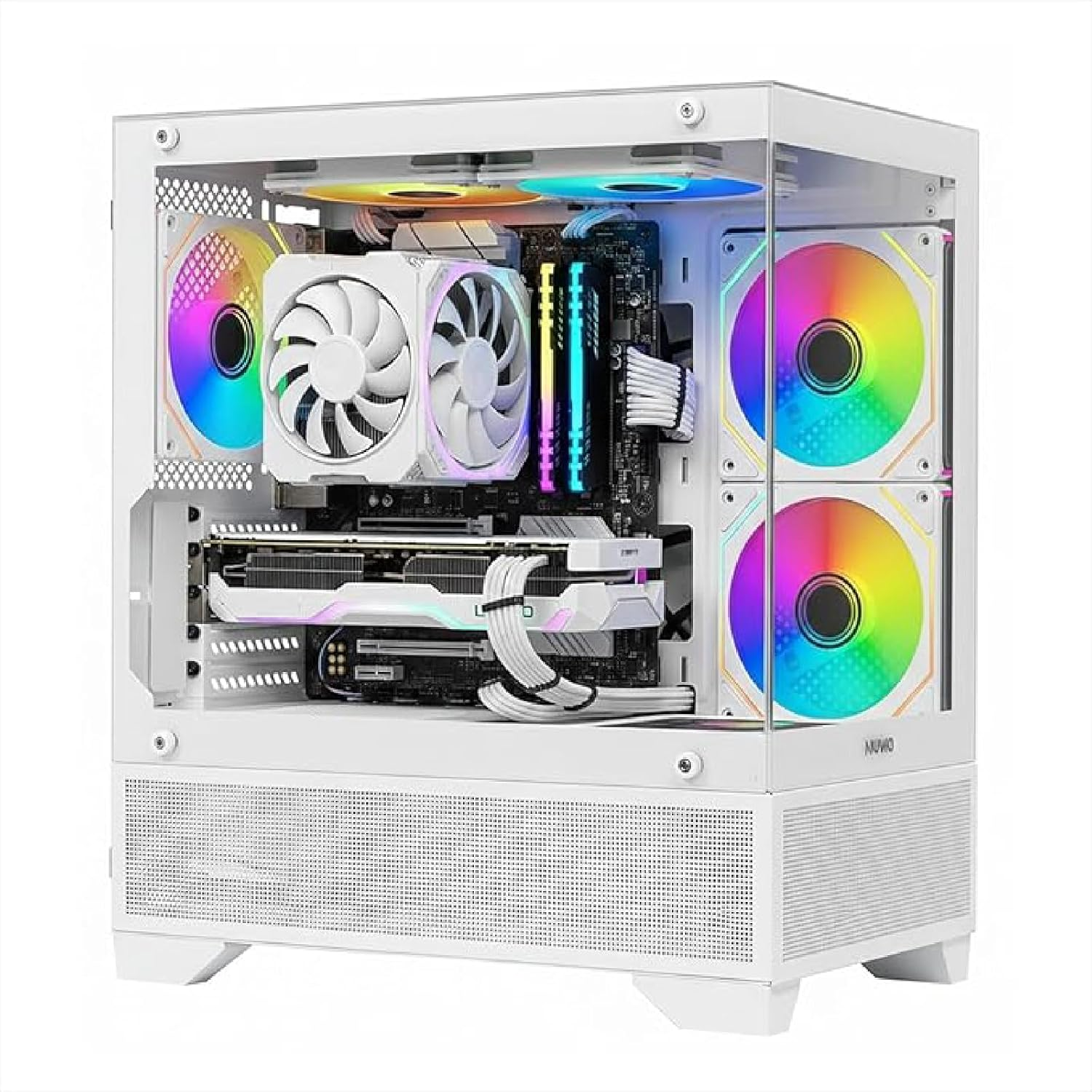 Case PC bianco con ventole RGB e componenti interni visibili attraverso il vetro.