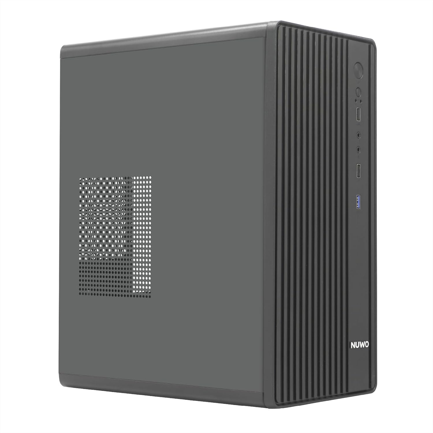 Una tower del computer grigio scuro con pannello laterale ventilato e frontale a coste. Il logo NUWO è visibile.
