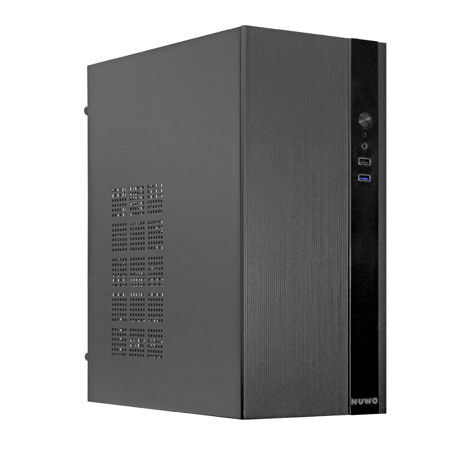 Un case per computer nero con feritoie di ventilazione e porte sul pannello frontale.