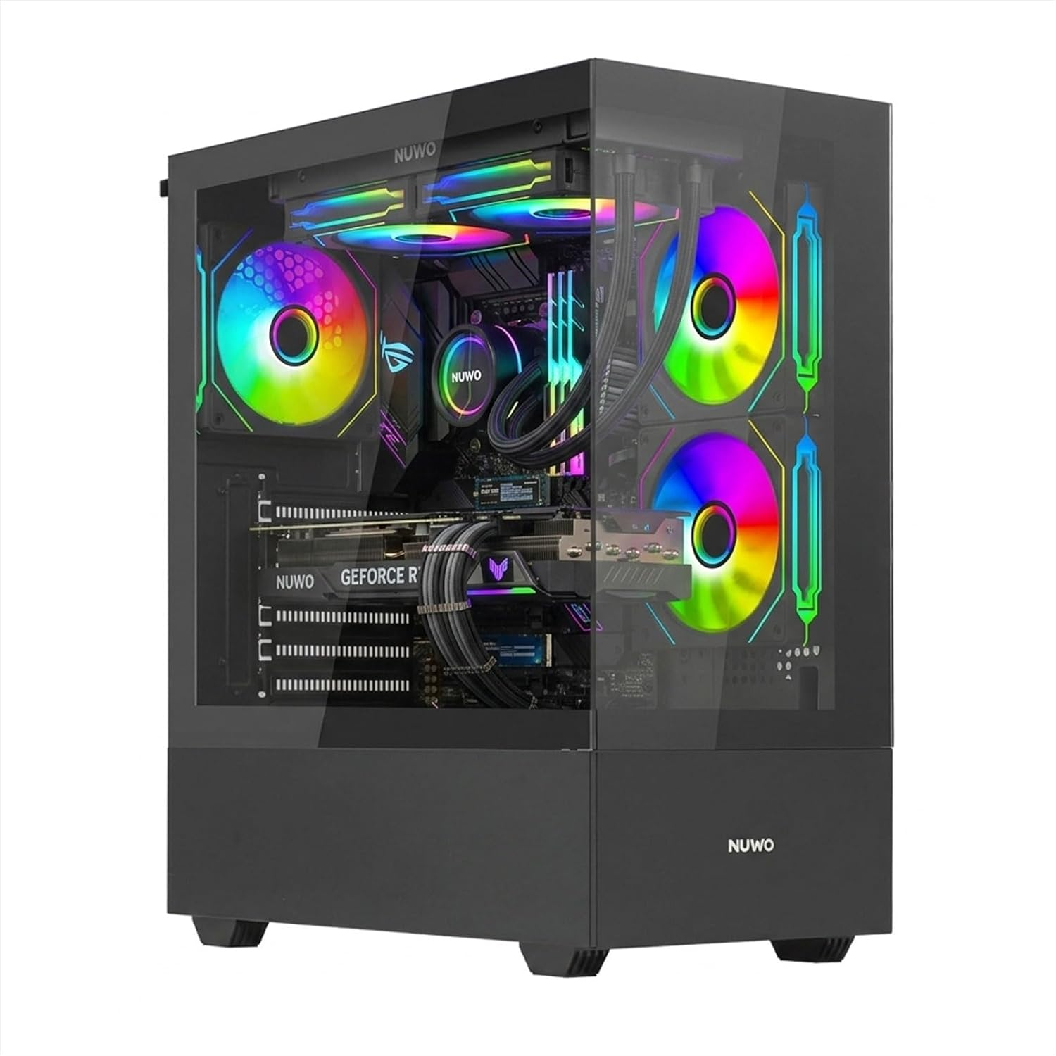 Case del computer nero con ventole e illuminazione RGB, pannello laterale trasparente.