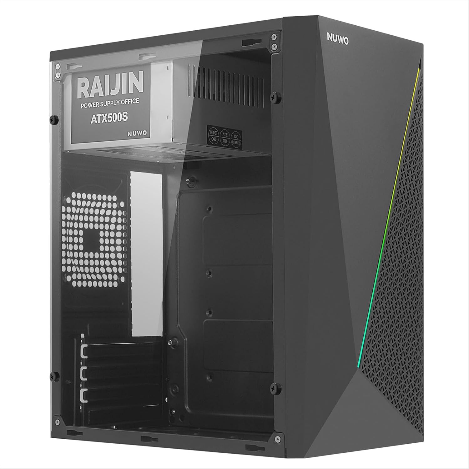 Case PC nero con alimentatore, pannello laterale in vetro e prese d'aria.