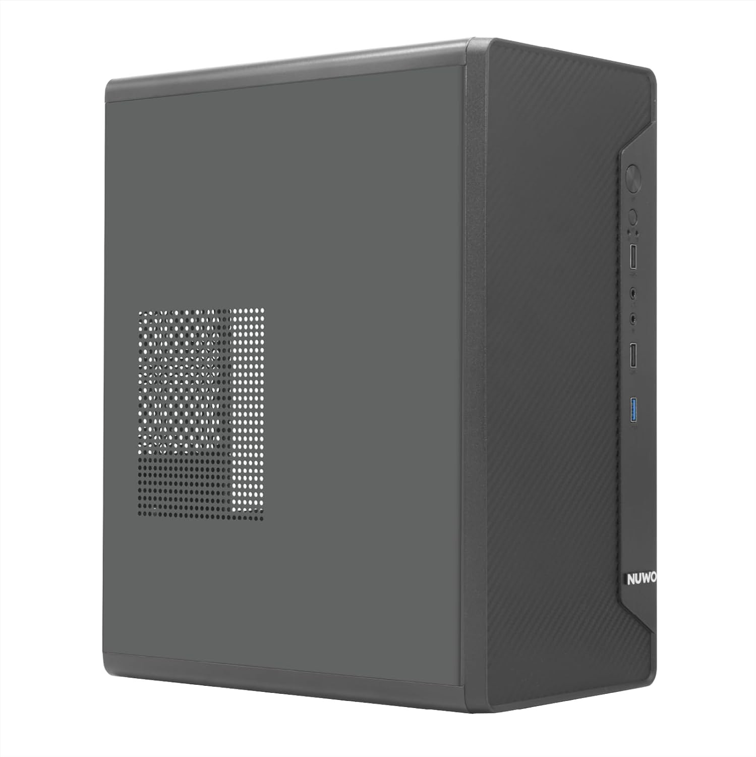 Case tower del computer grigio con griglia di ventilazione e porte anteriori.