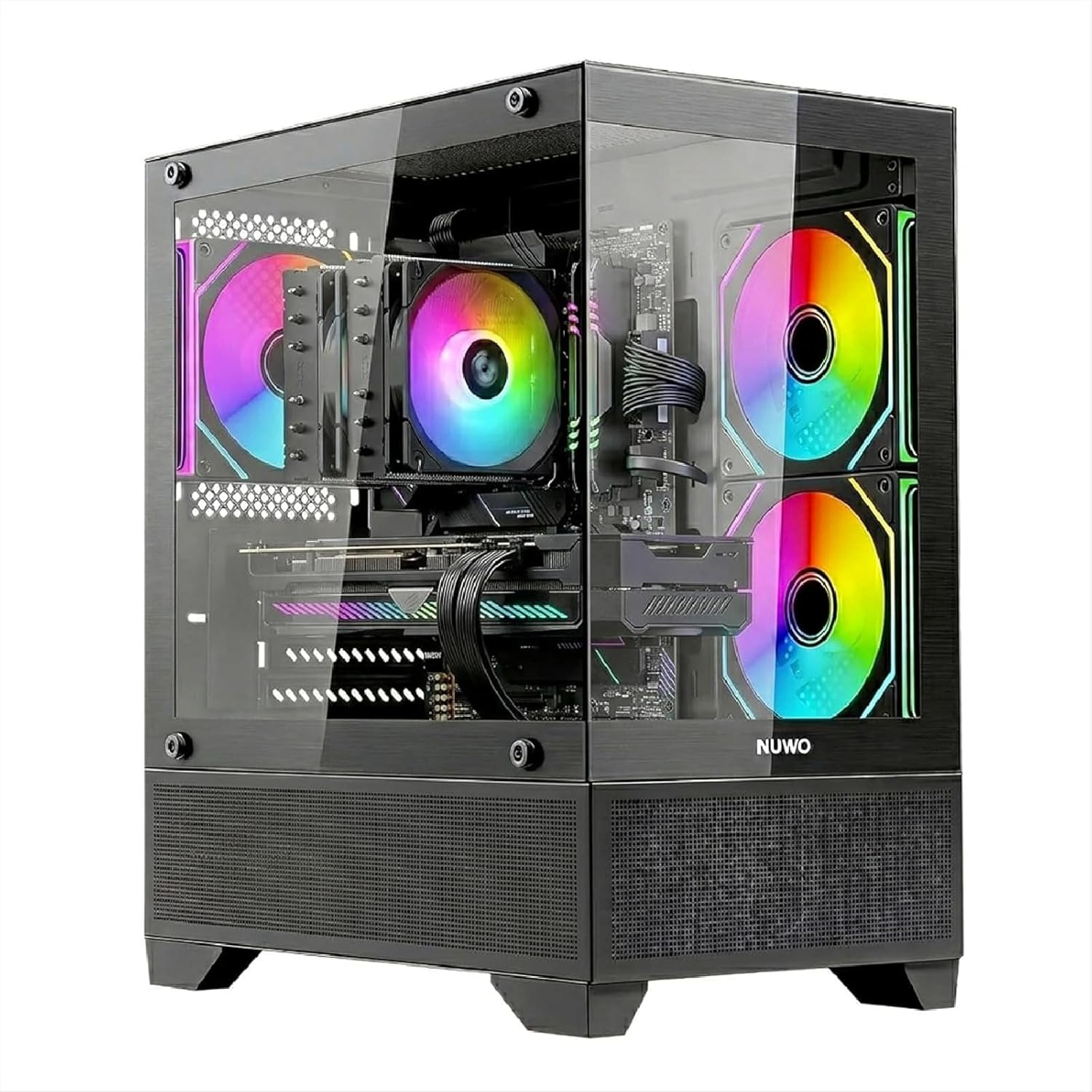 Un case PC nero con finestre in vetro e ventole RGB colorate.