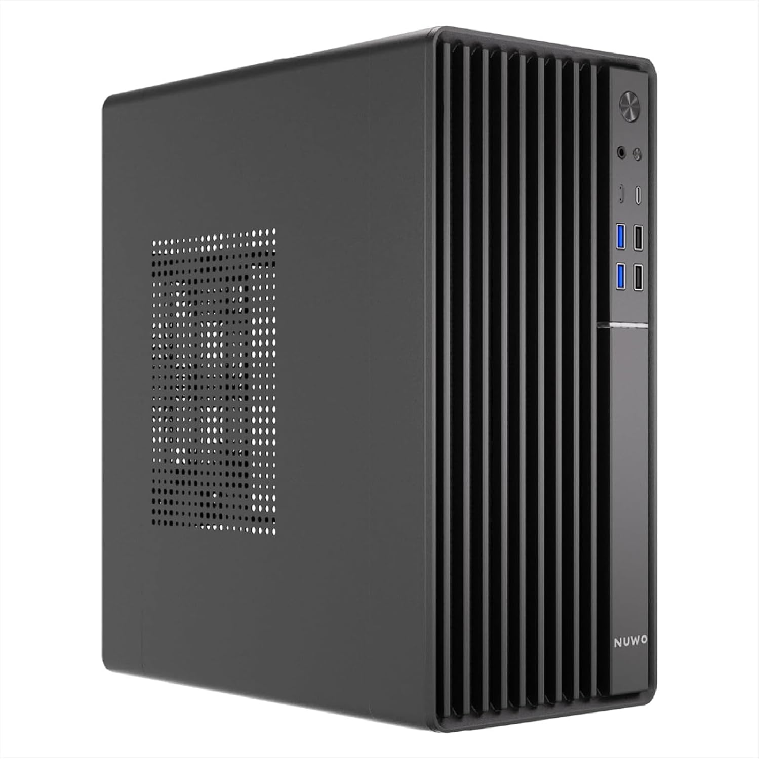 Un case per computer nero con prese d'aria frontali verticali e pannello laterale forato.