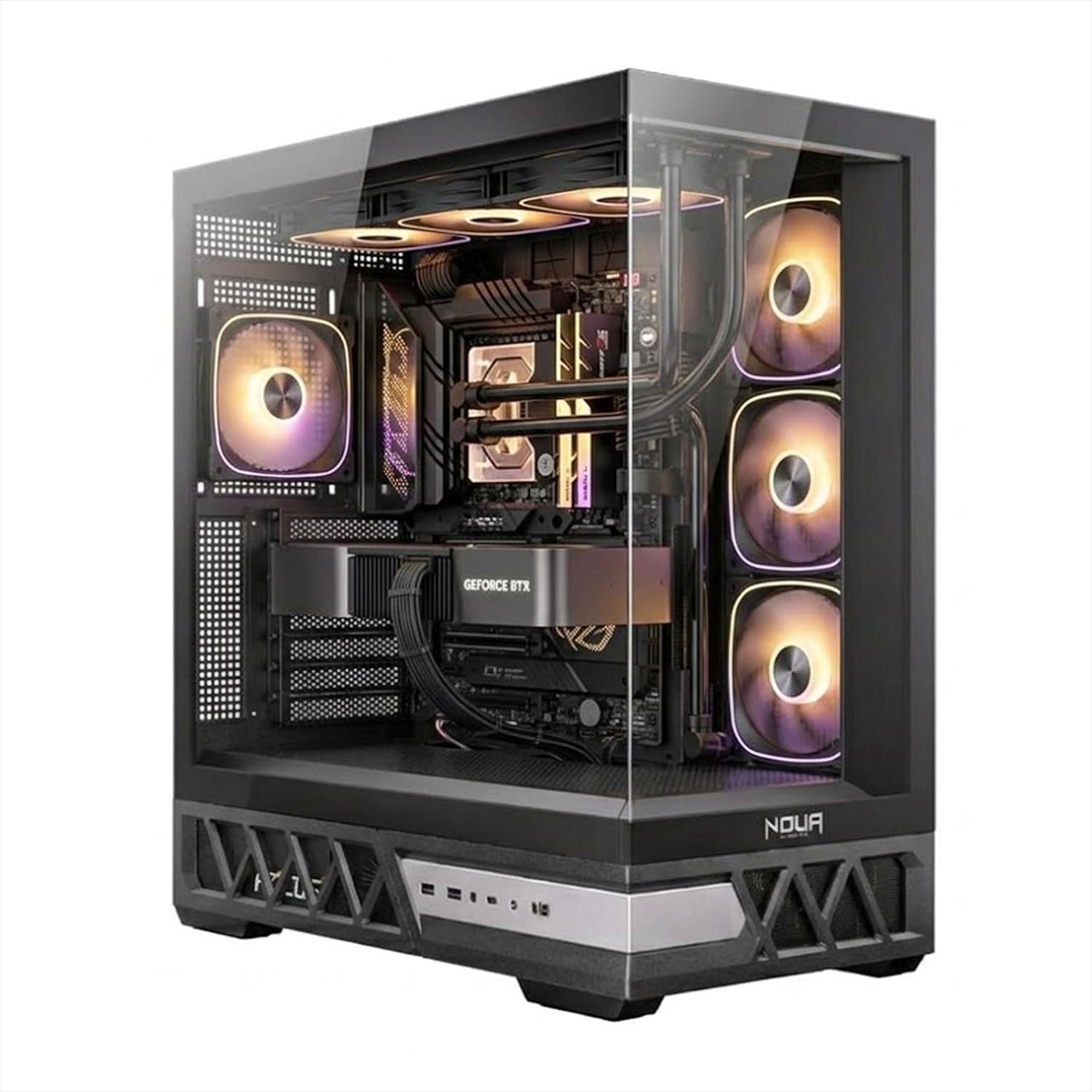 Un case per PC nero con pannelli in vetro e ventole illuminate.