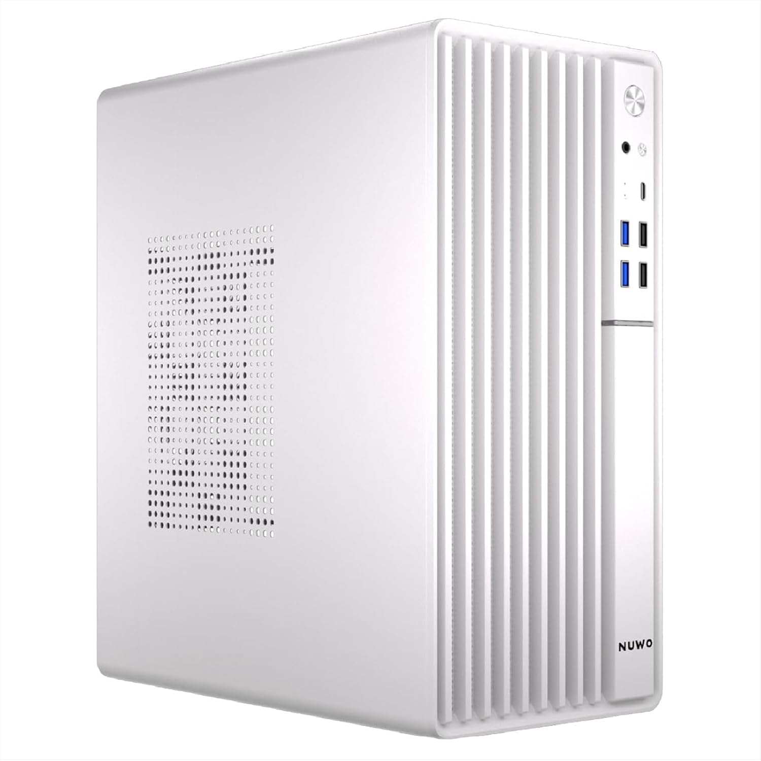 Un case per computer bianco con fessure di ventilazione e porte anteriori.