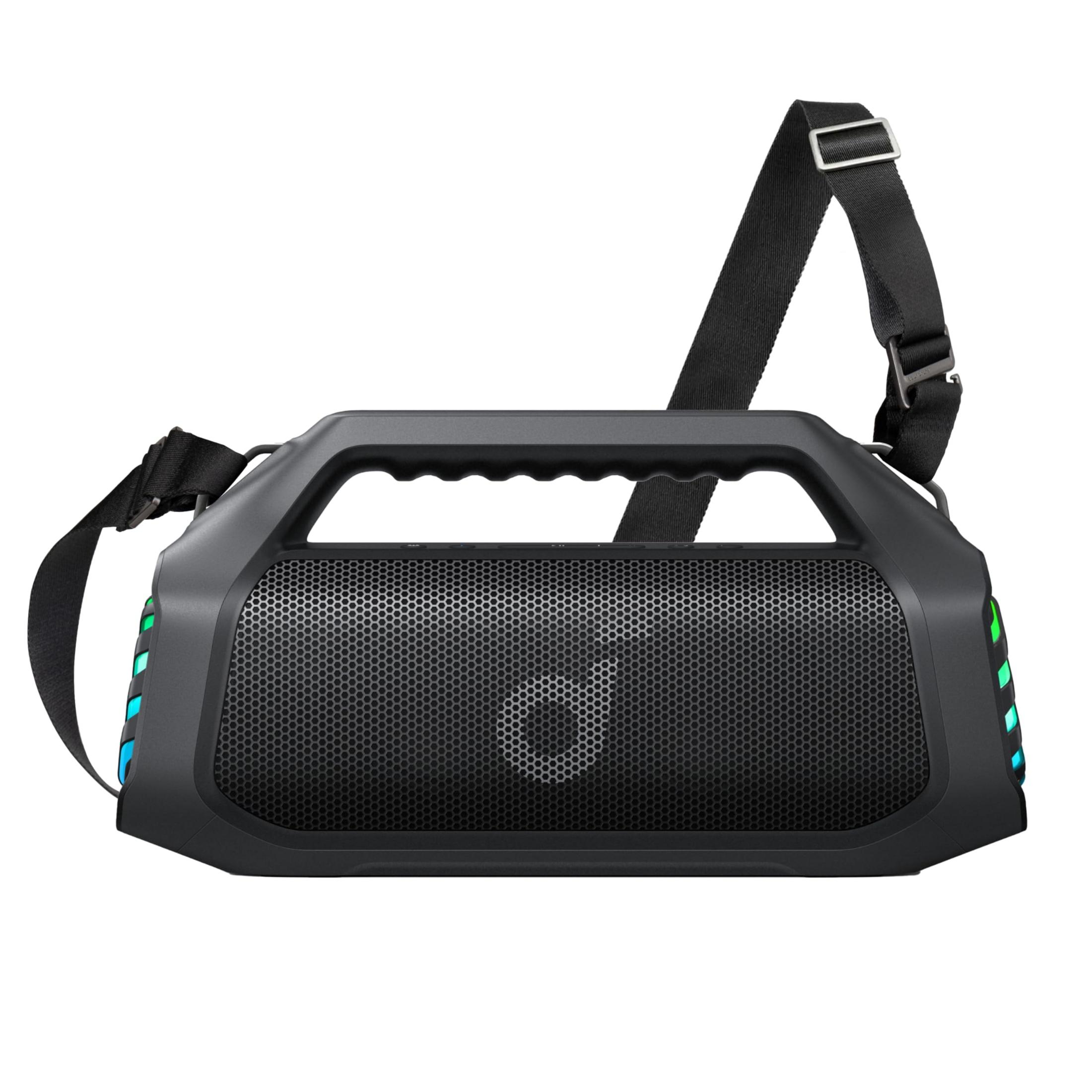 Czarny przenośny głośnik z paskiem i kolorowymi światłami po bokach.